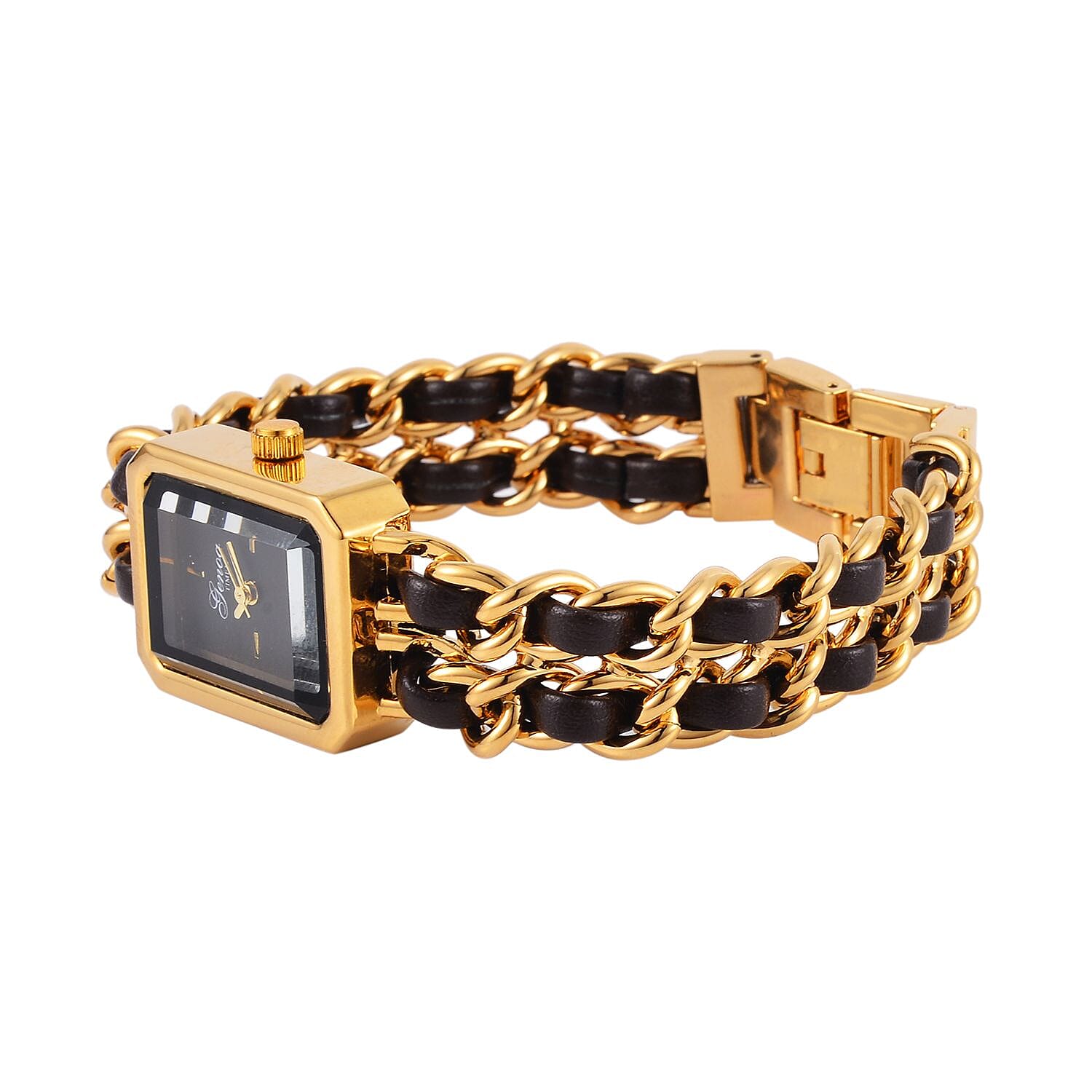 GENOA TIME V2 Miyota 2035 Japan Movt. Black Dial 3 ATM WR Watch With Brown - Gold Stainless Steel Leatherette Strap