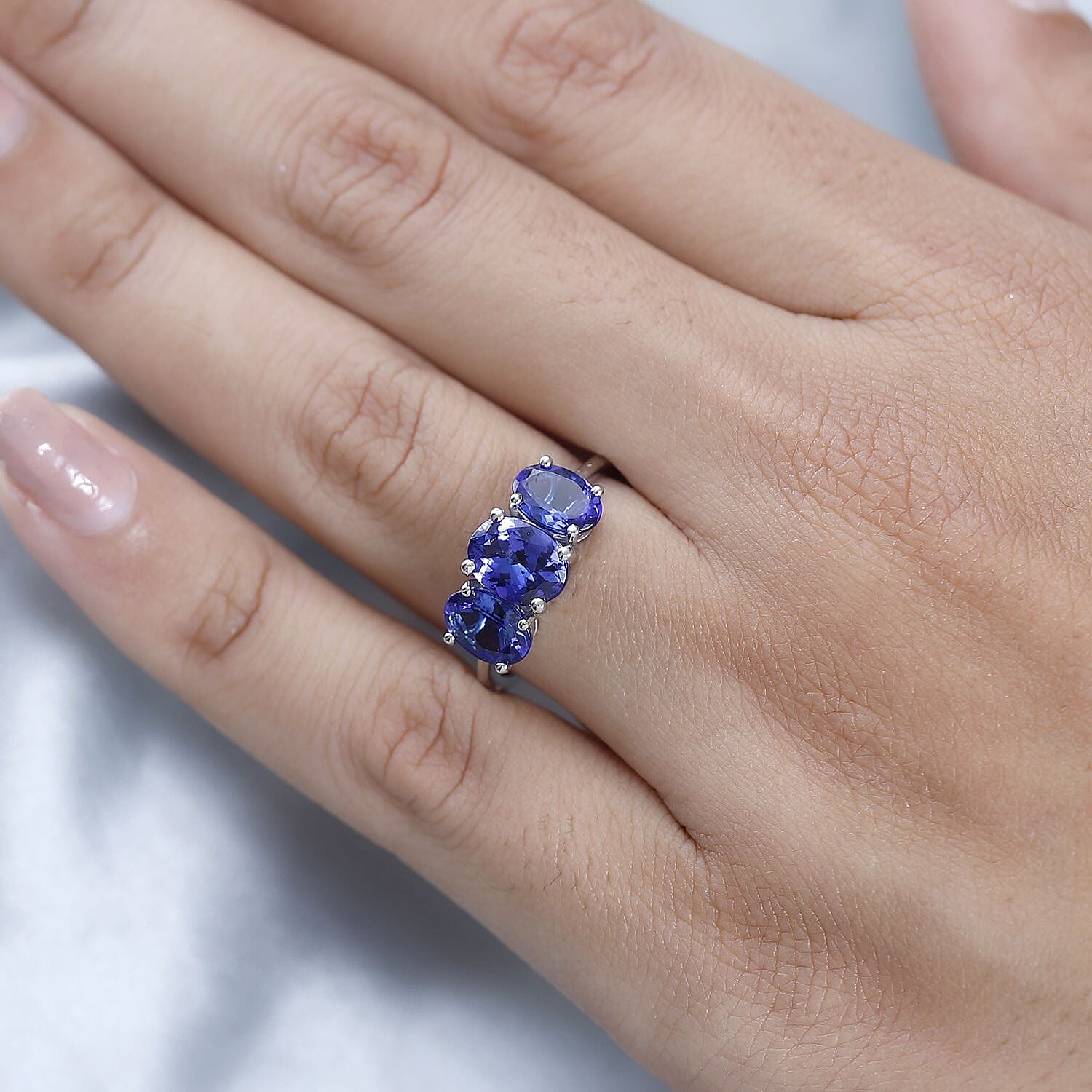 RHAPSODY 950 Platinum AAAA Tanzanite 3 Stone Ring 3.12 Ct.