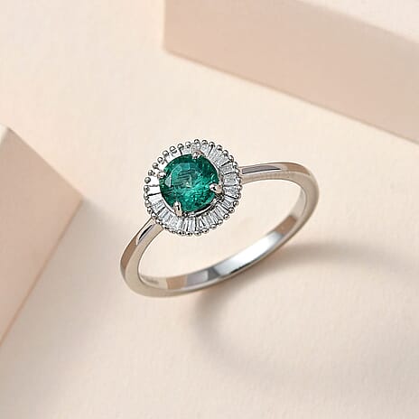 950 Platinum AAA Zambian Emerald (Round 6mm 0.75 Cts) Diamond  (SI-G-H 0.25 Cts) Halo Ring 1.00 Ct. Platinum Wt 4.75 Gms