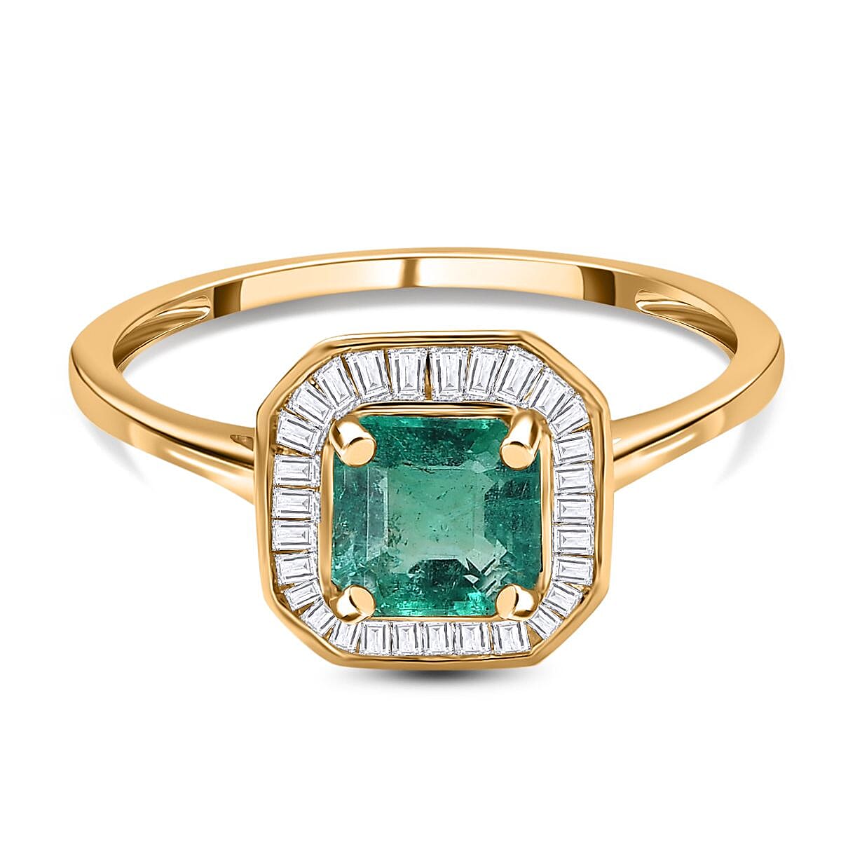 9K Yellow Gold AAAA Gemfields Asscher Cut Emerald & Diamond Halo Ring 1.34 Ct