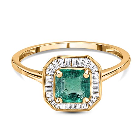 9K Yellow Gold AAAA Gemfields Asscher Cut Emerald & Diamond Halo Ring 1.34 Ct