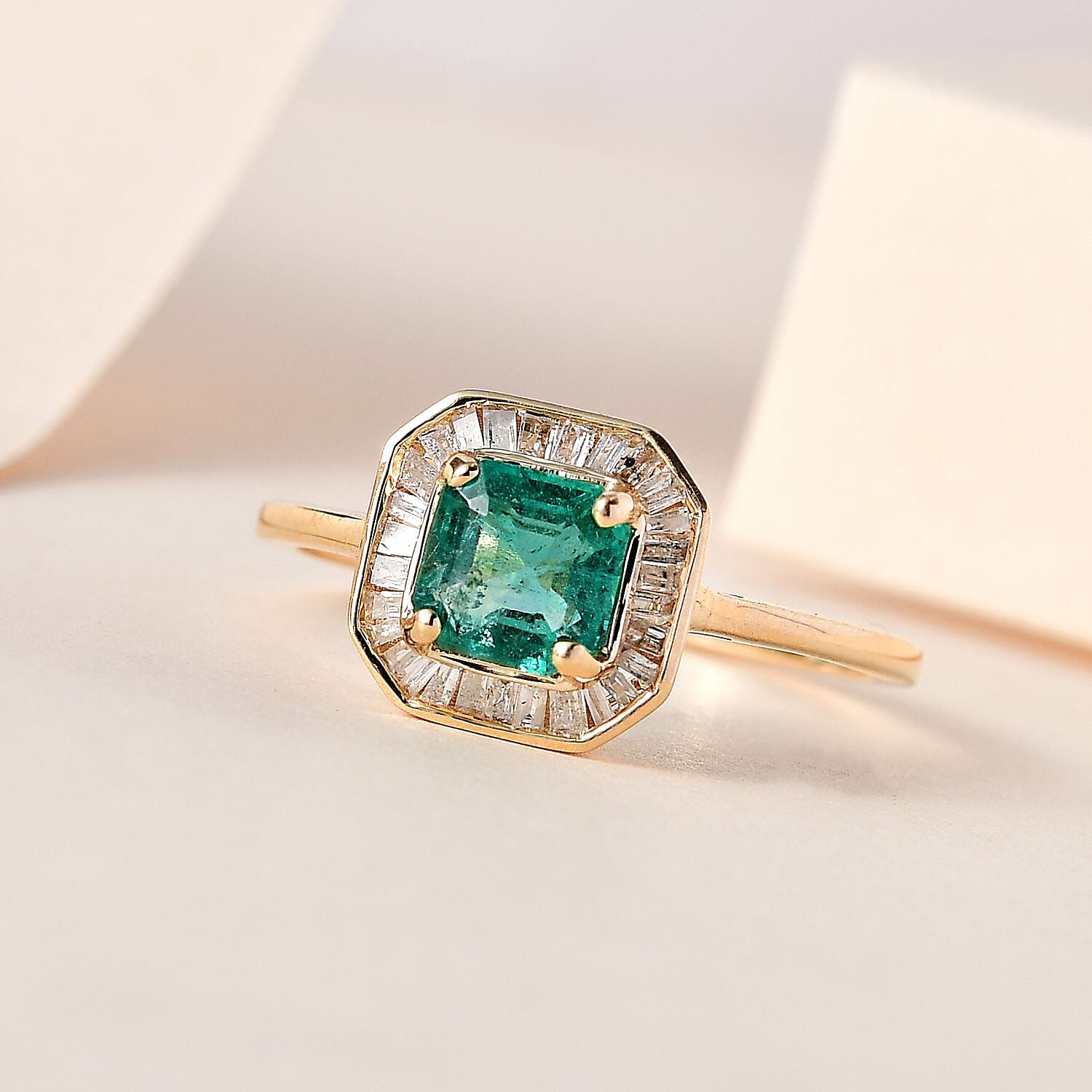9K Yellow Gold AAAA Gemfields Asscher Cut Emerald & Diamond Halo Ring 1.34 Ct