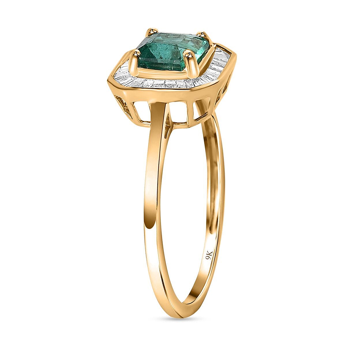 9K Yellow Gold AAAA Gemfields Asscher Cut Emerald & Diamond Halo Ring 1.34 Ct