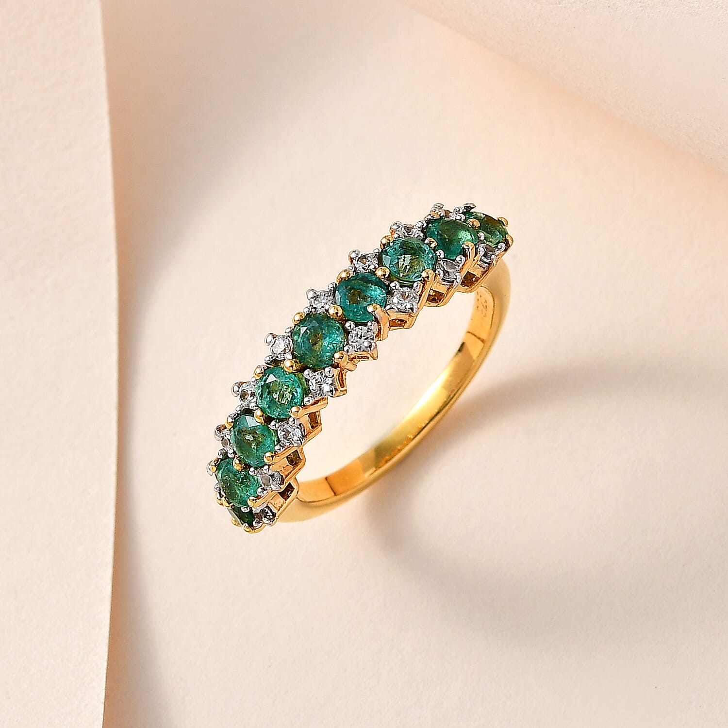 Emerald & Natural Zircon Half Eternity Ring in 18K Yellow Gold Vermeil Plated Sterling Silver 1.53 Ct.