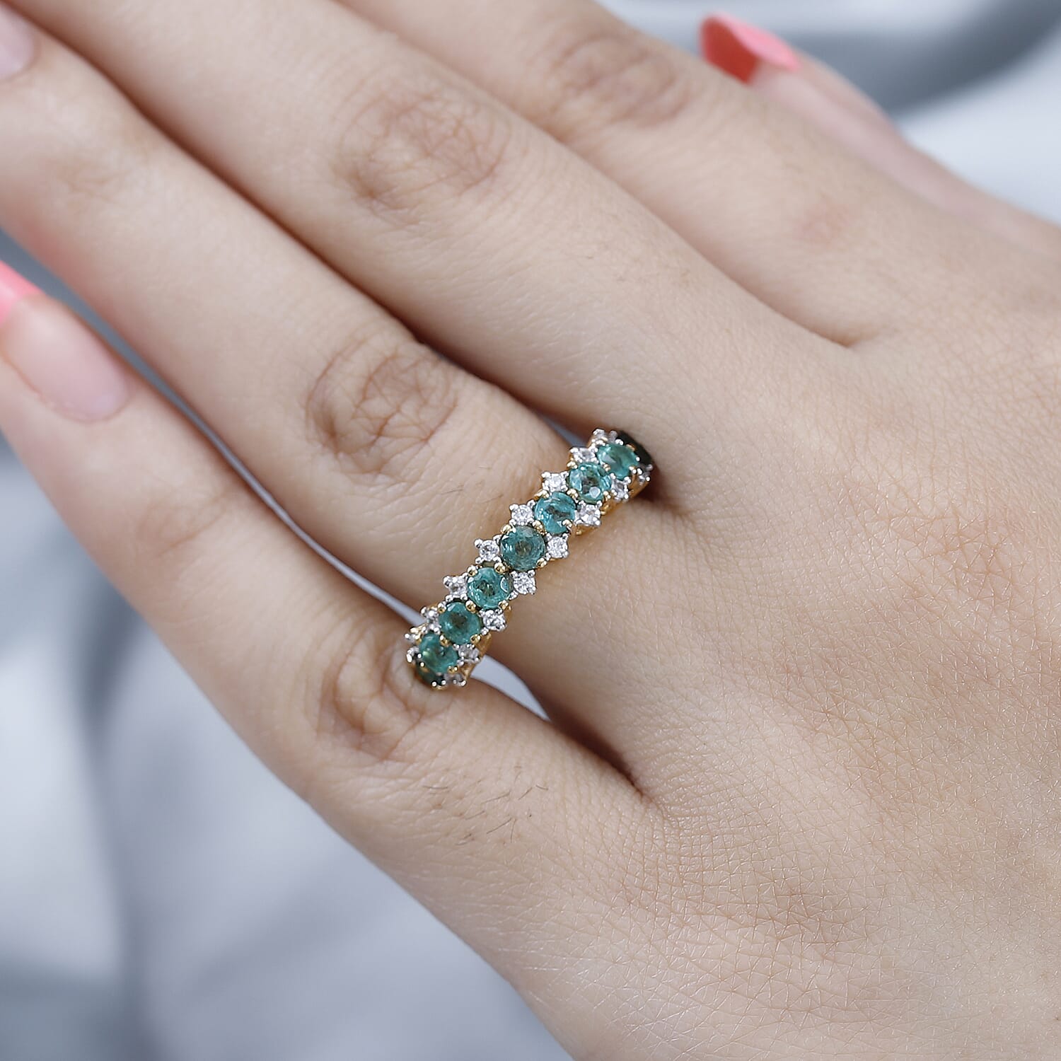 Emerald & Natural Zircon Half Eternity Ring in 18K Yellow Gold Vermeil Plated Sterling Silver 1.53 Ct.