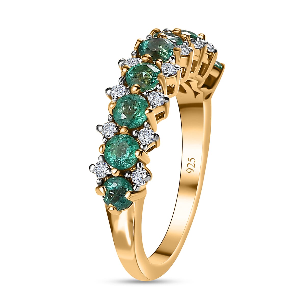 Emerald & Natural Zircon Half Eternity Ring in 18K Yellow Gold Vermeil Plated Sterling Silver 1.53 Ct.