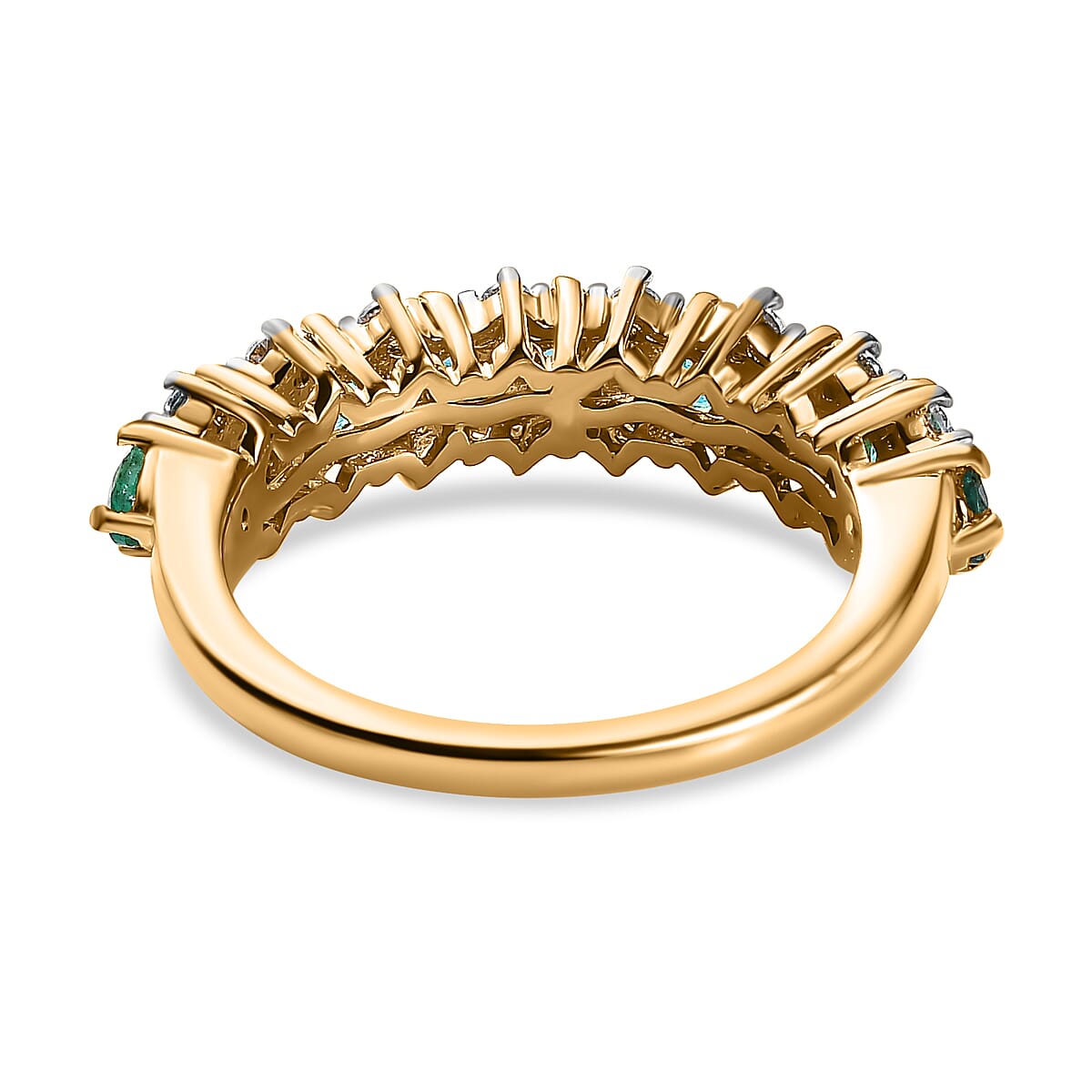 Emerald & Natural Zircon Half Eternity Ring in 18K Yellow Gold Vermeil Plated Sterling Silver 1.53 Ct.