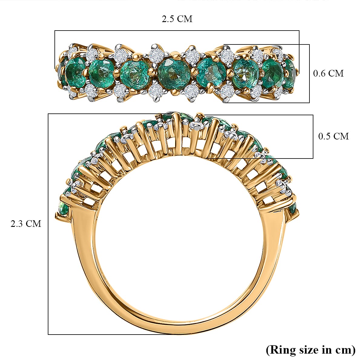 Emerald & Natural Zircon Half Eternity Ring in 18K Yellow Gold Vermeil Plated Sterling Silver 1.53 Ct.