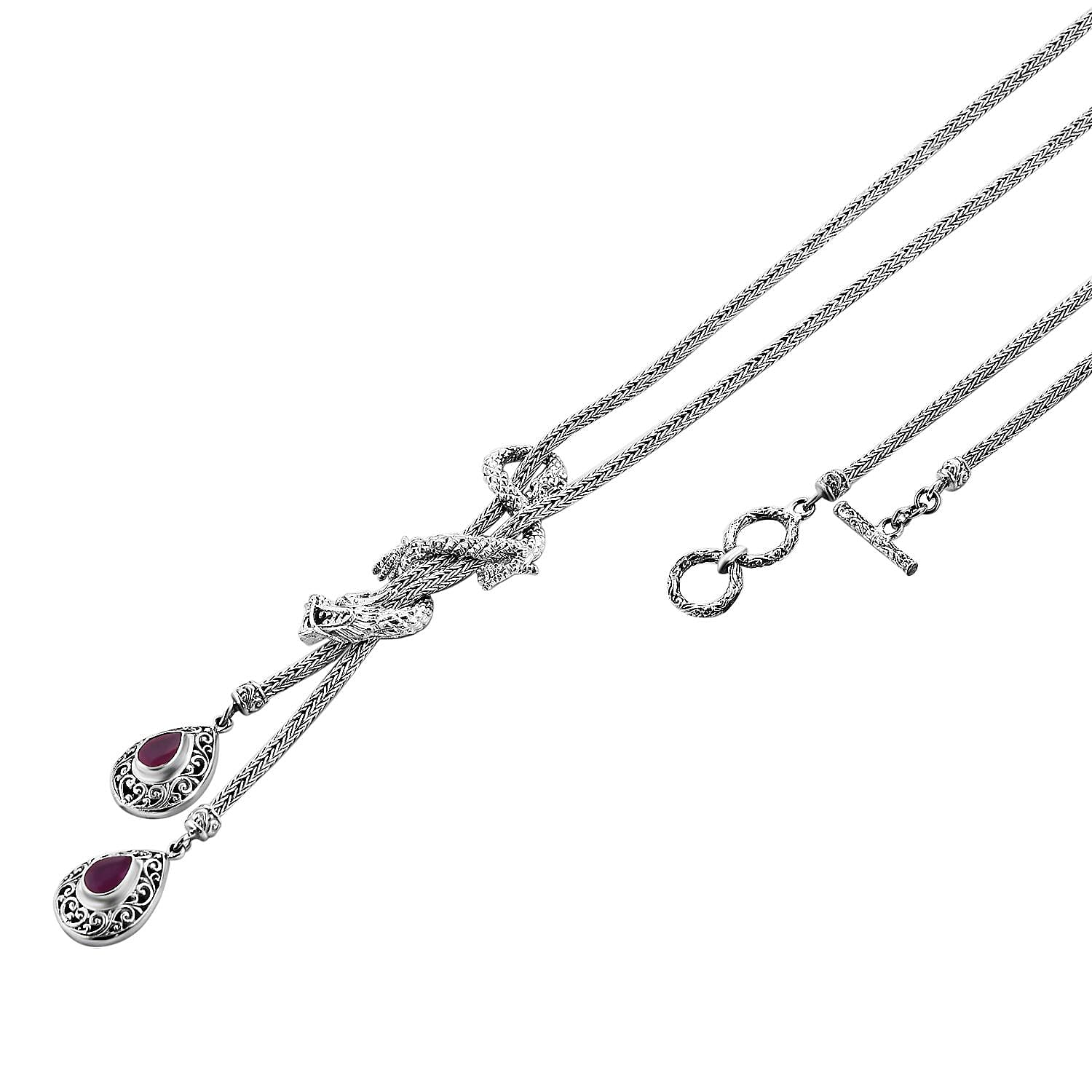 Royal Bali Collection - Ruby (FF) Dragon Necklace (Size - 18) in Sterling Silver 31.50 GM