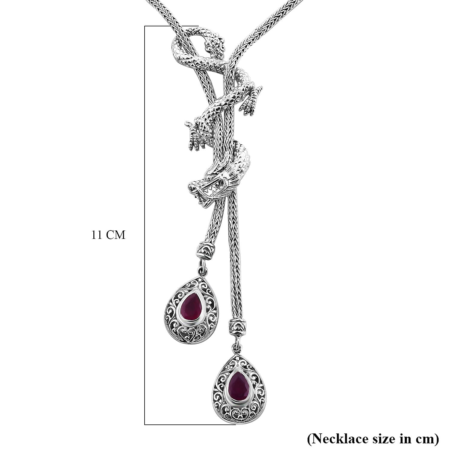 Royal Bali Collection - Ruby (FF) Dragon Necklace (Size - 18) in Sterling Silver 31.50 GM