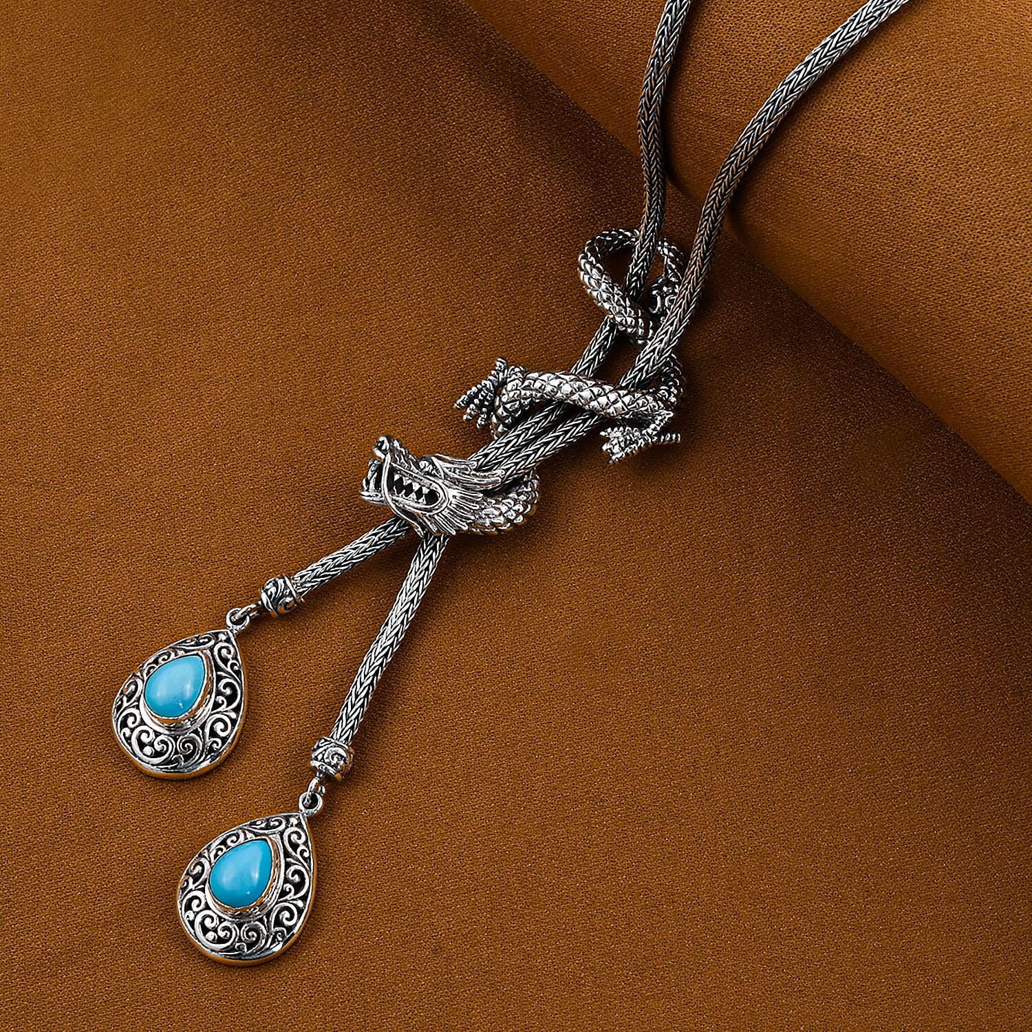 Royal Bali Collection - Arizona Sleeping Beauty Turquoise Dragon Necklace (Size - 18) in Sterling Silver 2.10 Ct, Silver Wt. 31.50 Gms