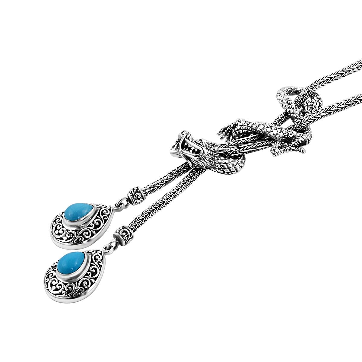 Royal Bali Collection - Arizona Sleeping Beauty Turquoise Dragon Necklace (Size - 18) in Sterling Silver 2.10 Ct, Silver Wt. 31.50 Gms