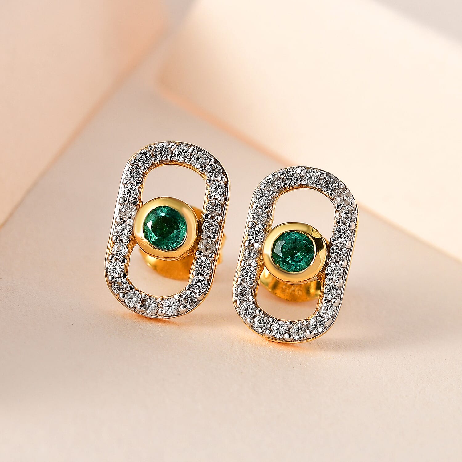 AAA Gemfields Emerald & Natural Zircon Earrings in 18K Yellow Gold Vermeil Plated Sterling Silver