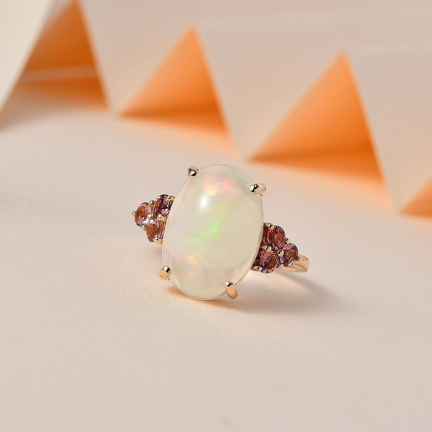 9K Yellow Gold Ethiopian Welo Opal & Pink Tourmaline Ring 4.60 Ct.