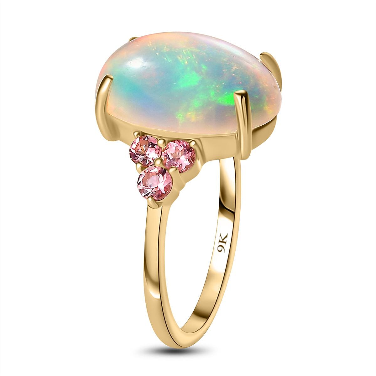 9K Yellow Gold Ethiopian Welo Opal & Pink Tourmaline Ring 4.60 Ct.