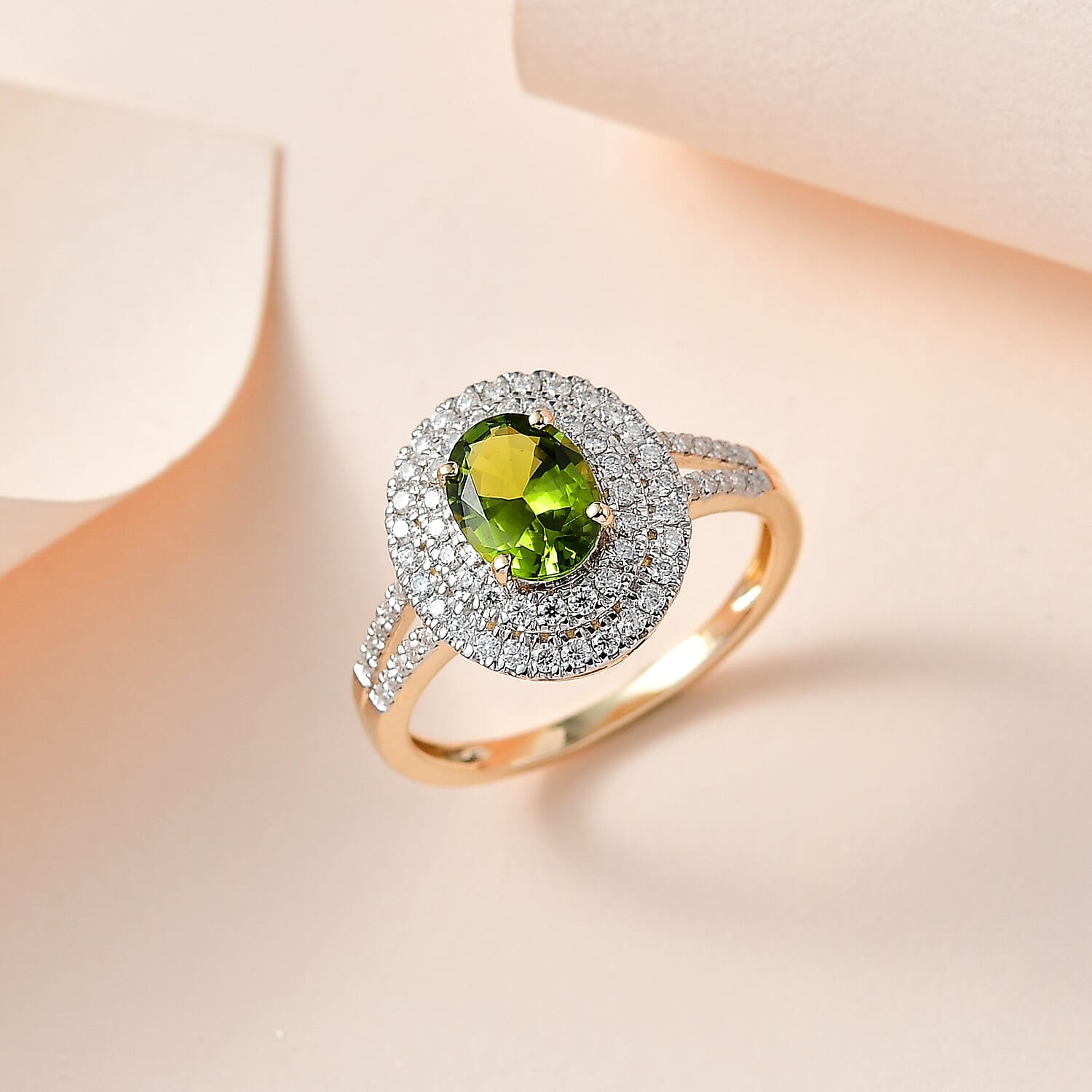 9K Yellow Gold Rare Green AAA Calabar Tourmaline and Moissanite Ring