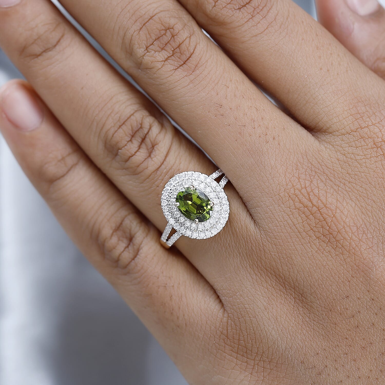 9K Yellow Gold Rare Green AAA Calabar Tourmaline and Moissanite Ring