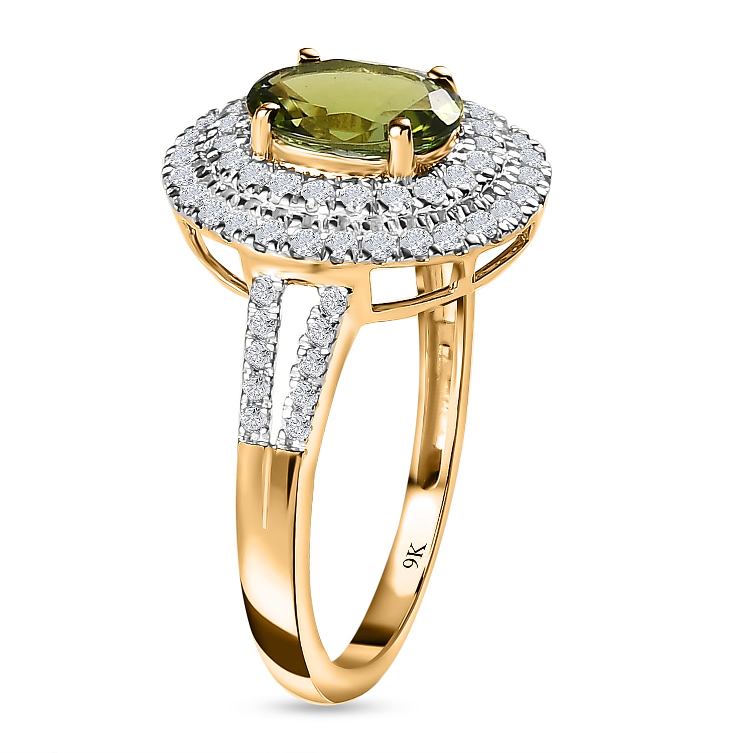 9K Yellow Gold Rare Green AAA Calabar Tourmaline and Moissanite Ring