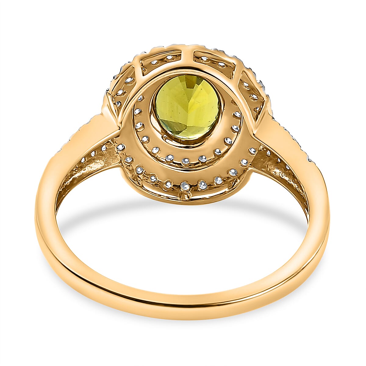 9K Yellow Gold Rare Green AAA Calabar Tourmaline and Moissanite Ring