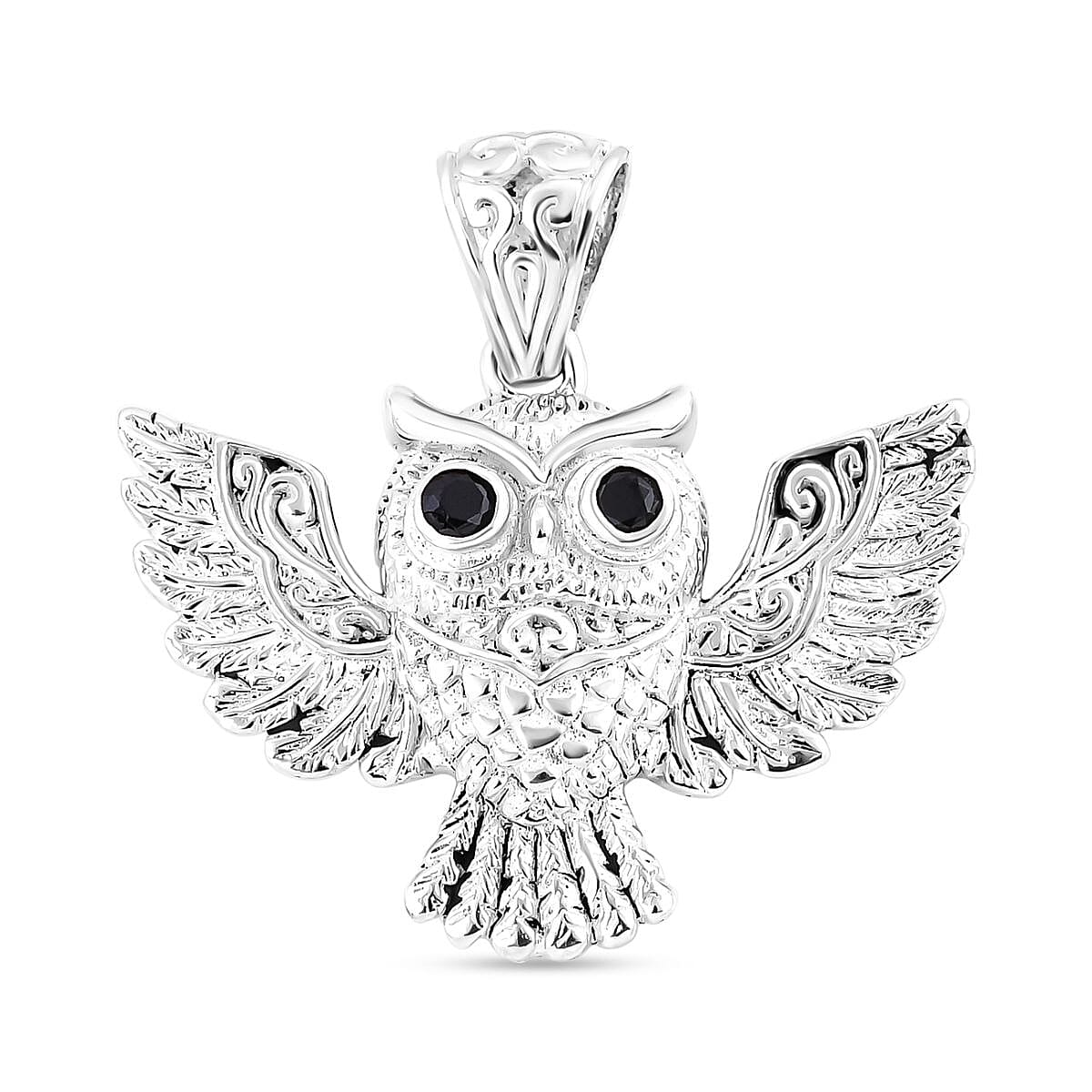 Royal Bali Collection - Boi Ploi Black Spinel Owl Pendant in Sterling Silver