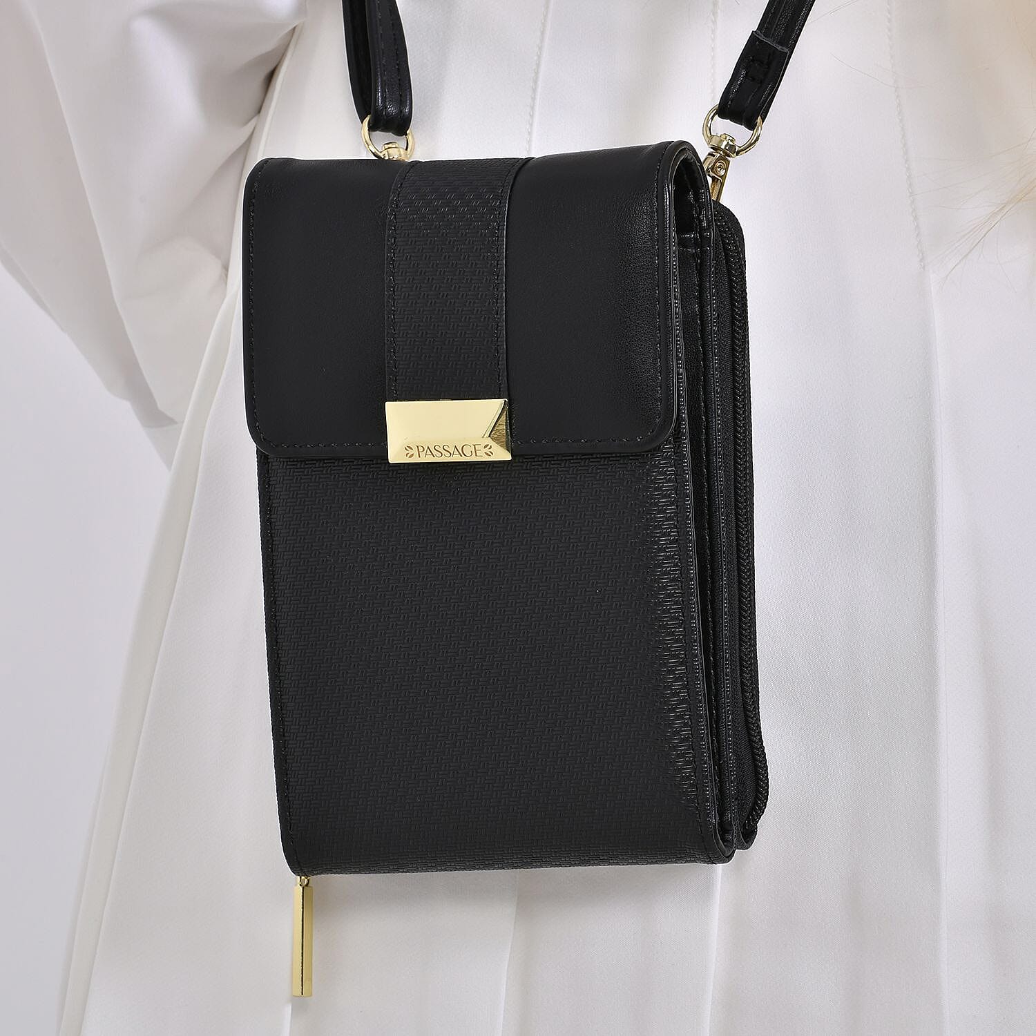 Passage PU Patterned Crossbody Bag (Size 18x5x11 cm) - Black & Black