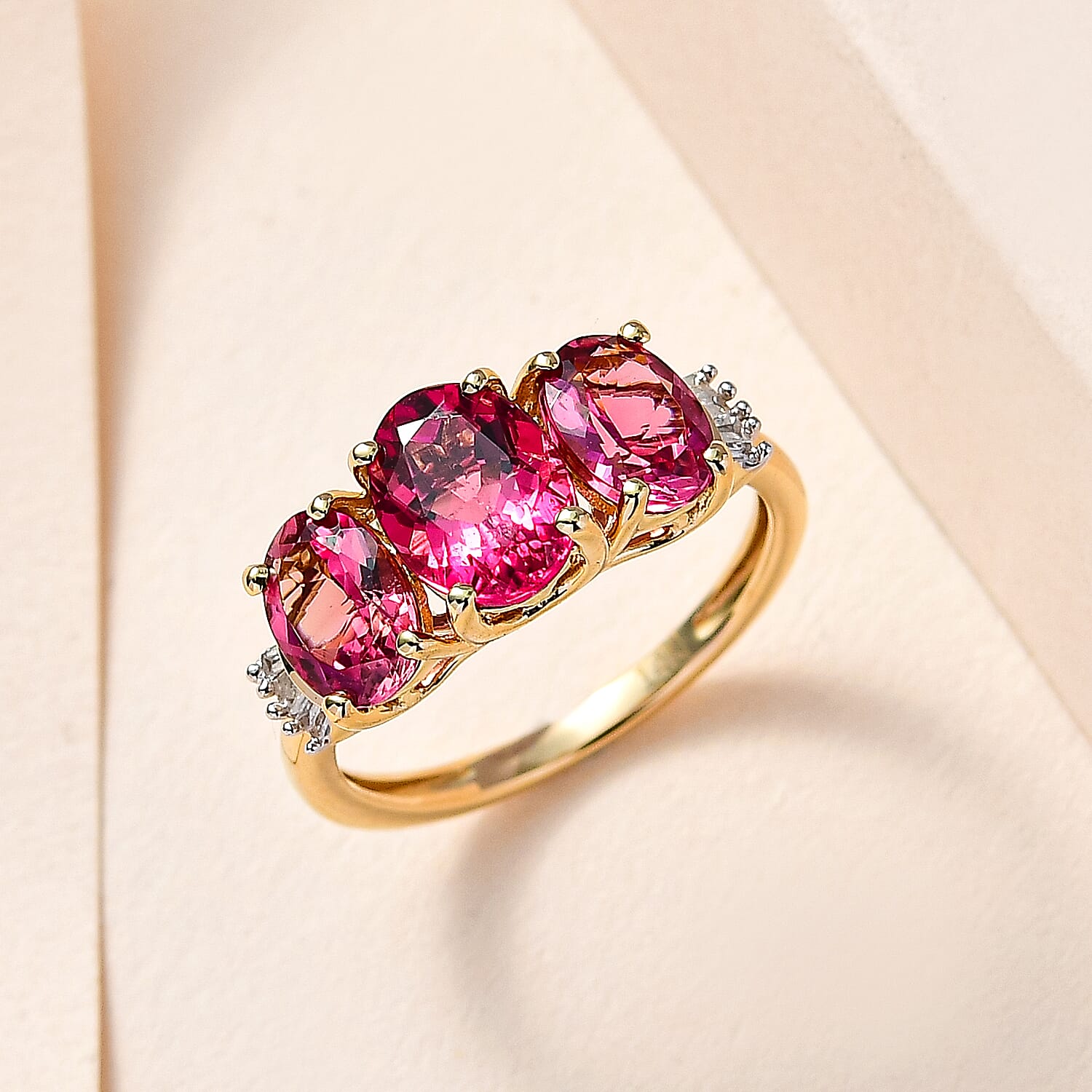 14K Yellow Gold Vivid Namibian Pink Tourmaline & Diamond Ring 2.89 Ct