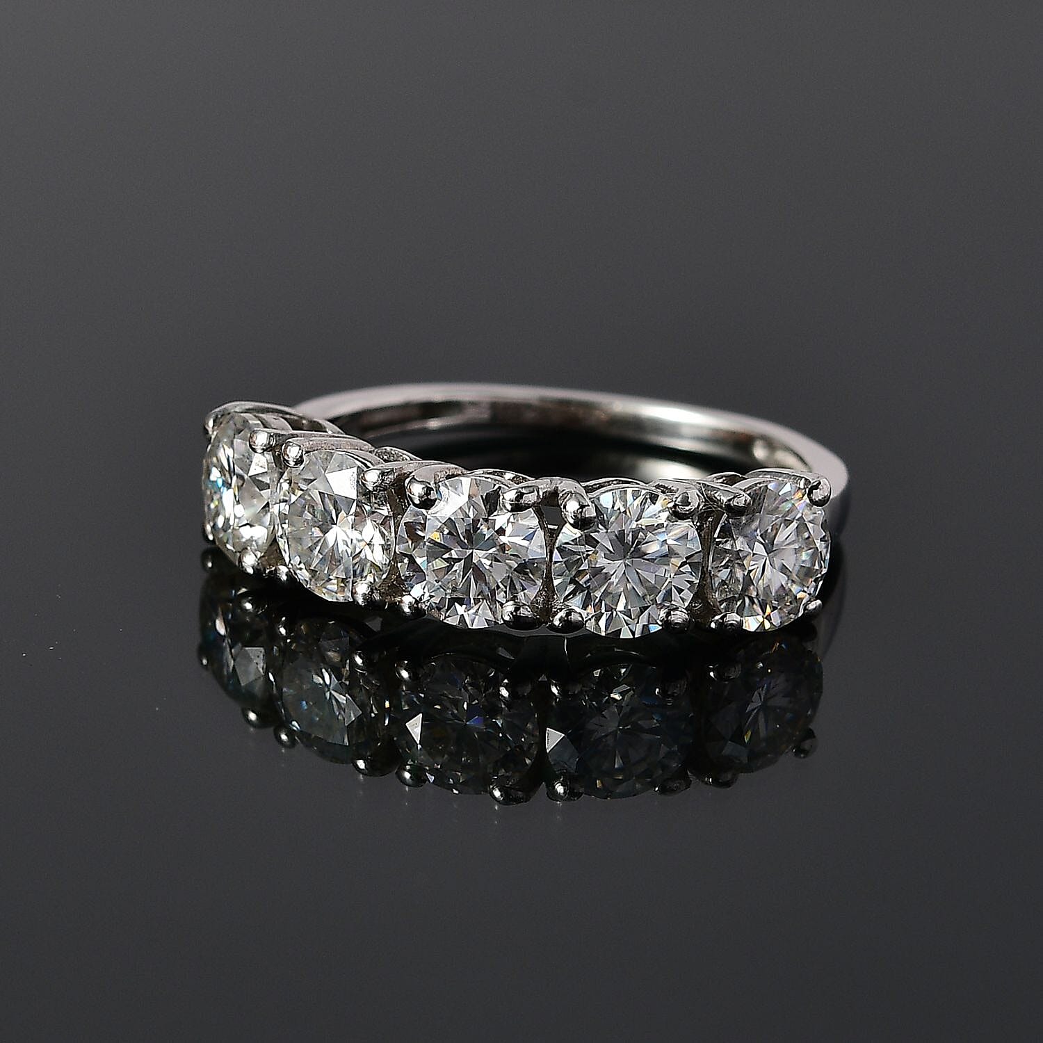 Moissanite 5 Stone Ring in Platinum Overlay Sterling Silver 2.00 Ct.