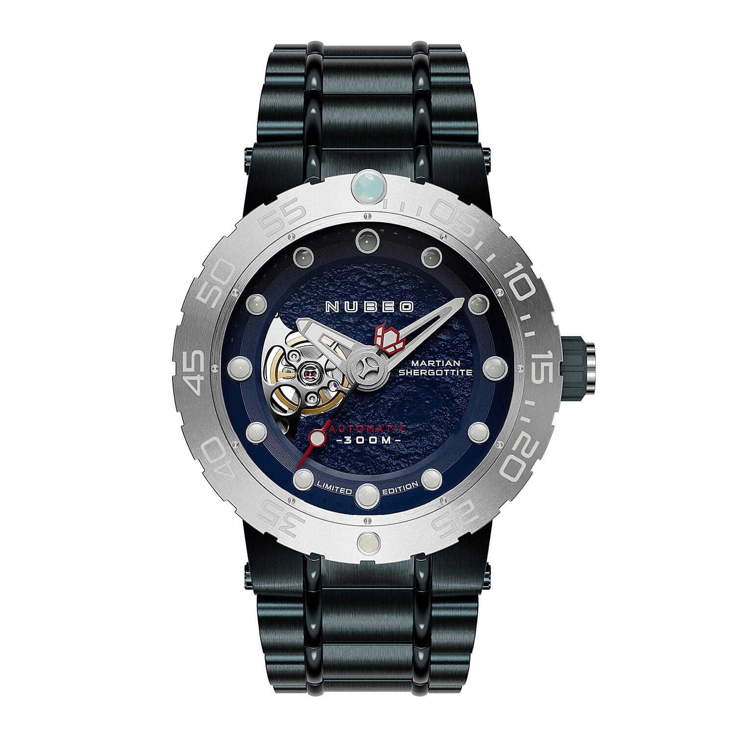 NUBEO Opportunity Automatic Limited Edition Genuine Martian Meteorite Japanese Automatic Movement With 3 Hands Blue Dial 30 ATM Water Resistant Watch With Stainlesss Steel Blue Chain Strap