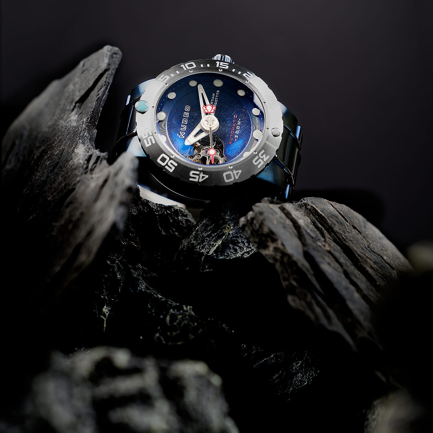 NUBEO Opportunity Automatic Limited Edition Genuine Martian Meteorite Japanese Automatic Movement With 3 Hands Blue Dial 30 ATM Water Resistant Watch With Stainlesss Steel Blue Chain Strap