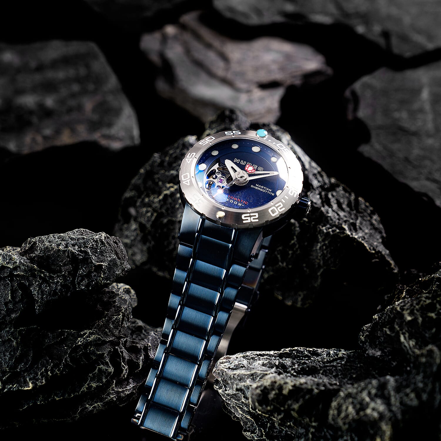 NUBEO Opportunity Automatic Limited Edition Genuine Martian Meteorite Japanese Automatic Movement With 3 Hands Blue Dial 30 ATM Water Resistant Watch With Stainlesss Steel Blue Chain Strap