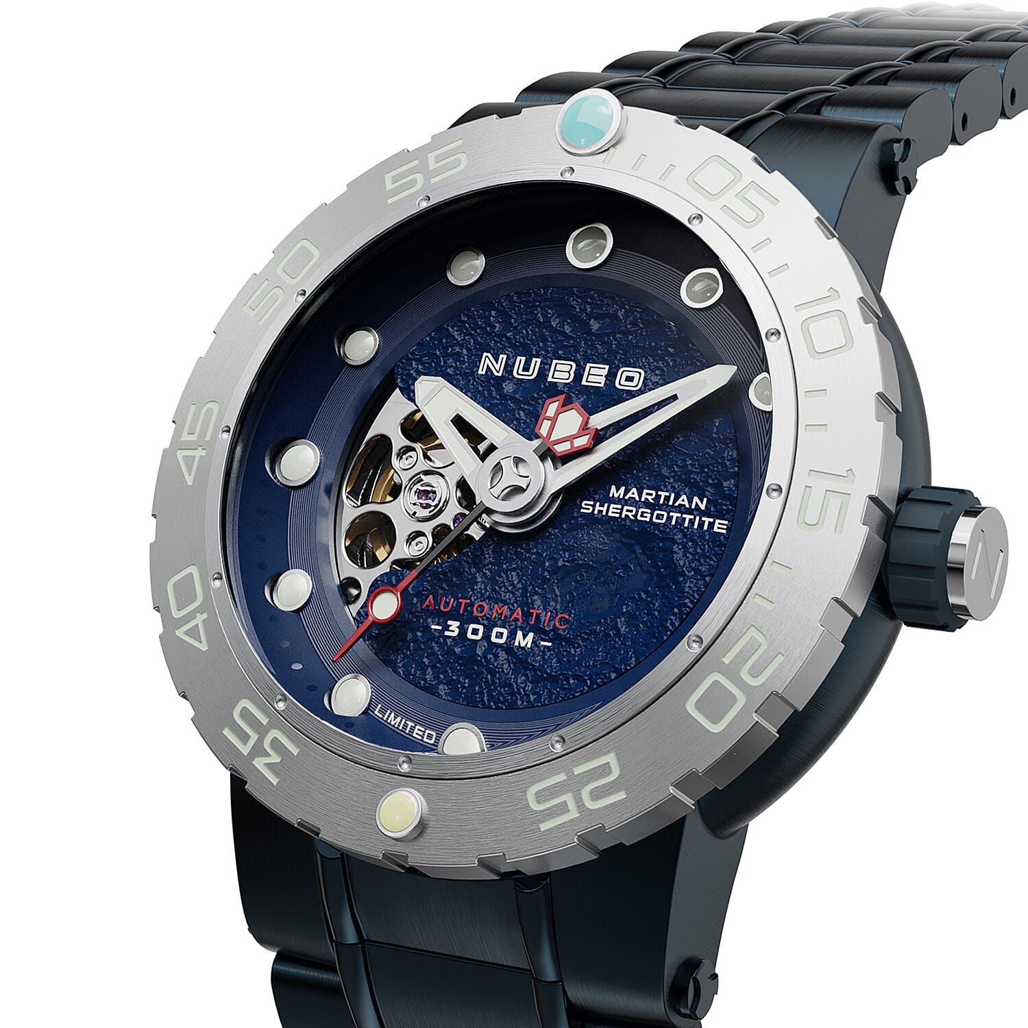 NUBEO Opportunity Automatic Limited Edition Genuine Martian Meteorite Japanese Automatic Movement With 3 Hands Blue Dial 30 ATM Water Resistant Watch With Stainlesss Steel Blue Chain Strap