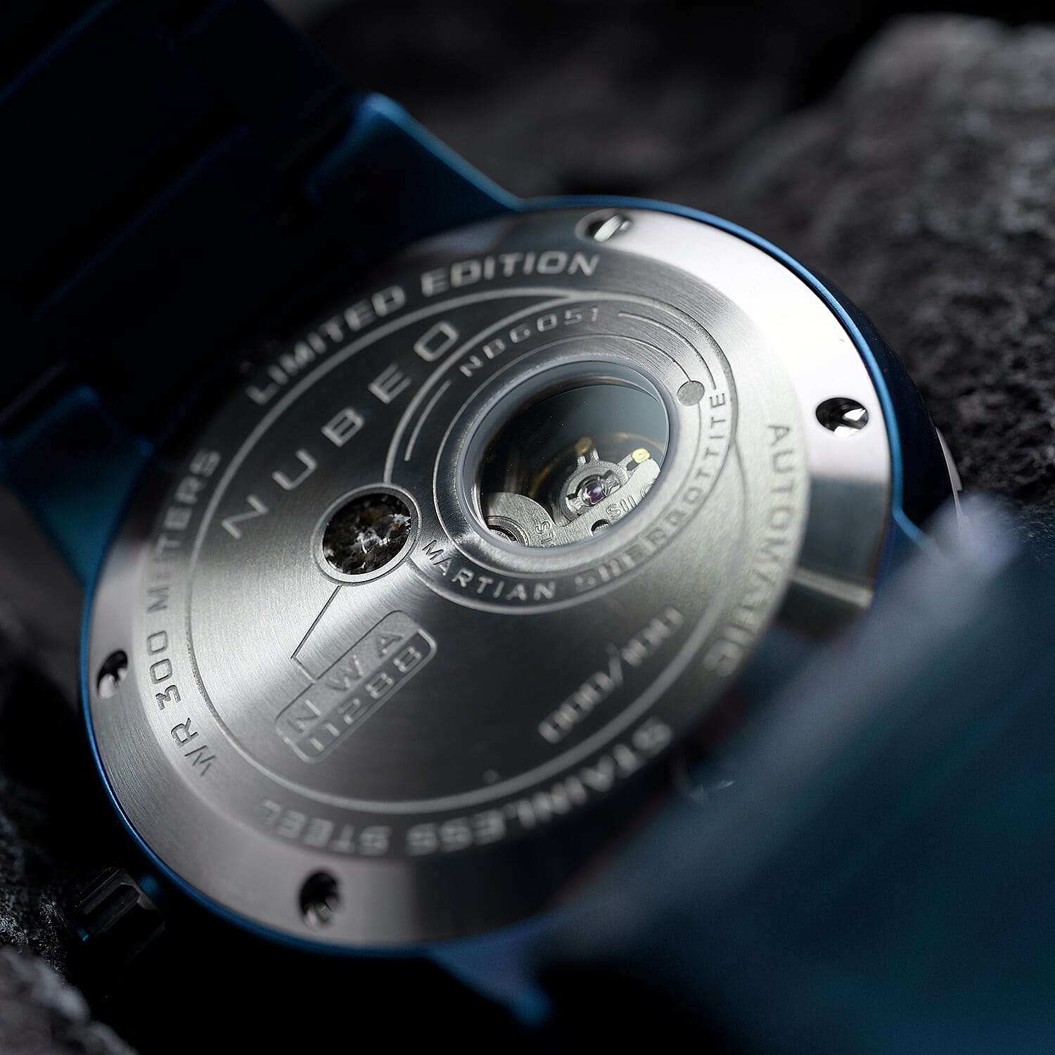 NUBEO Opportunity Automatic Limited Edition Genuine Martian Meteorite Japanese Automatic Movement With 3 Hands Blue Dial 30 ATM Water Resistant Watch With Stainlesss Steel Blue Chain Strap