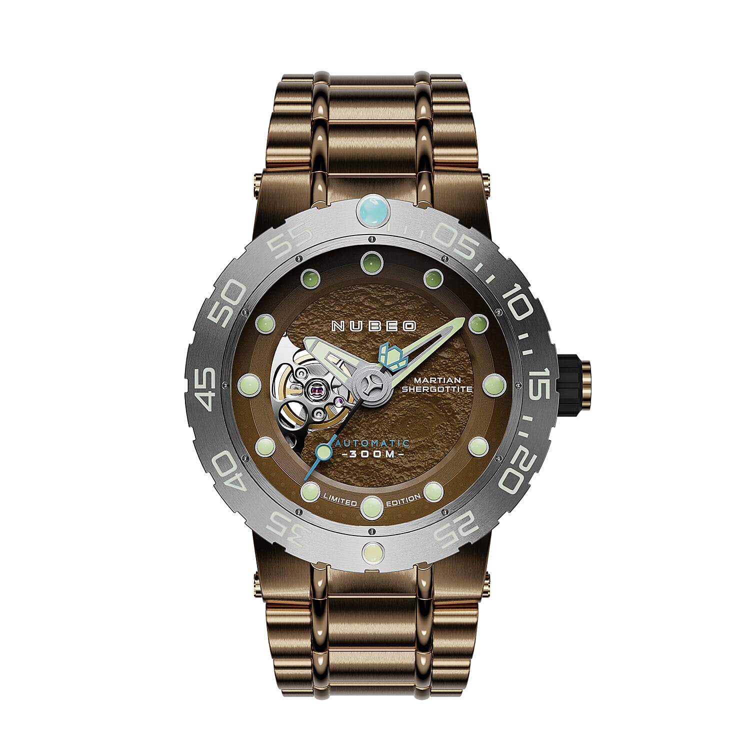 NUBEO Opportunity Automatic Limited Edition Genuine Martian Meteorite Japanese Automatic Movement With 3 Hands Brown Dial 30 ATM Water Resistant Watch With Stainlesss Steel Brown Chain Strap