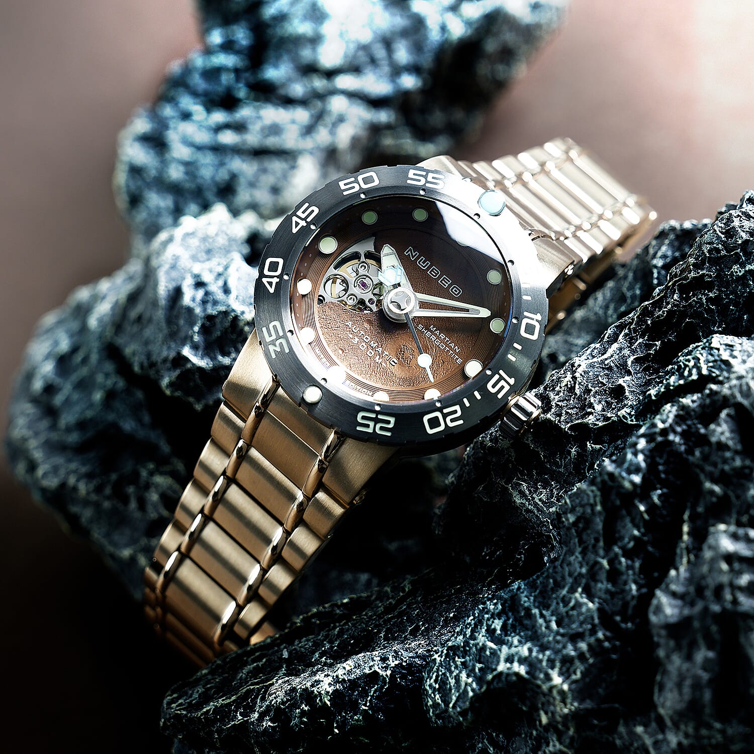 NUBEO Opportunity Automatic Limited Edition Genuine Martian Meteorite Japanese Automatic Movement With 3 Hands Brown Dial 30 ATM Water Resistant Watch With Stainlesss Steel Brown Chain Strap