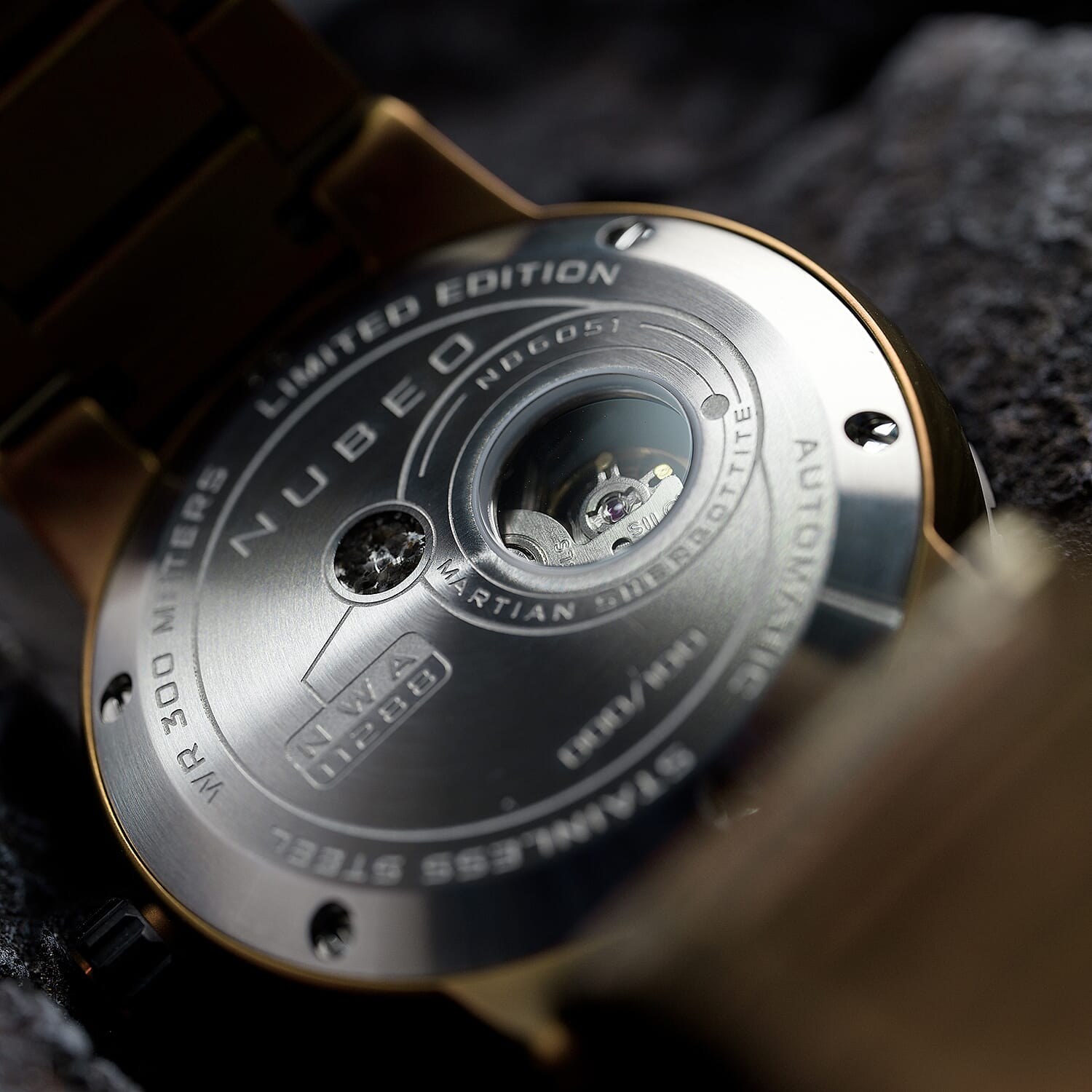 NUBEO Opportunity Automatic Limited Edition Genuine Martian Meteorite Japanese Automatic Movement With 3 Hands Brown Dial 30 ATM Water Resistant Watch With Stainlesss Steel Brown Chain Strap