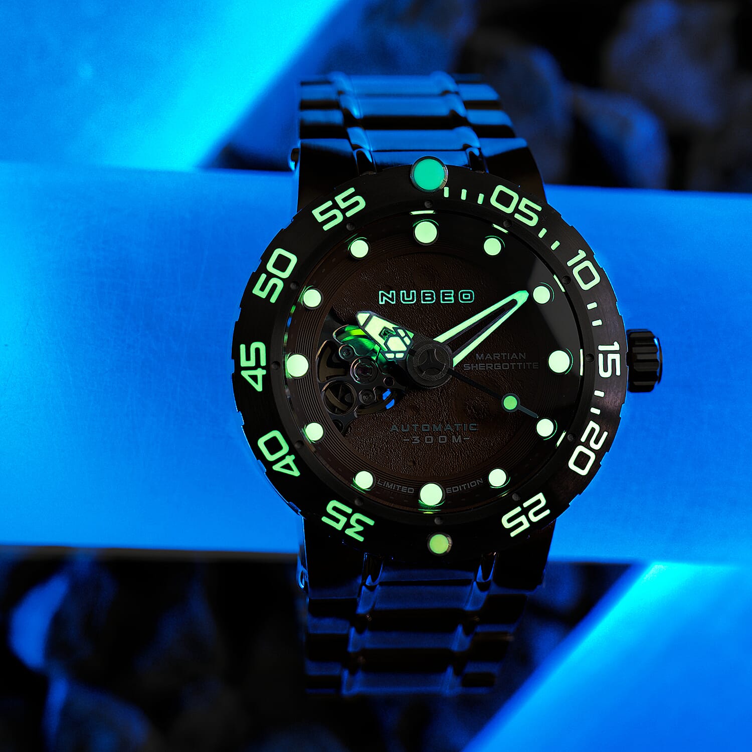 NUBEO Opportunity Automatic Limited Edition Genuine Martian Meteorite Japanese Automatic Movement With 3 Hands Brown Dial 30 ATM Water Resistant Watch With Stainlesss Steel Brown Chain Strap