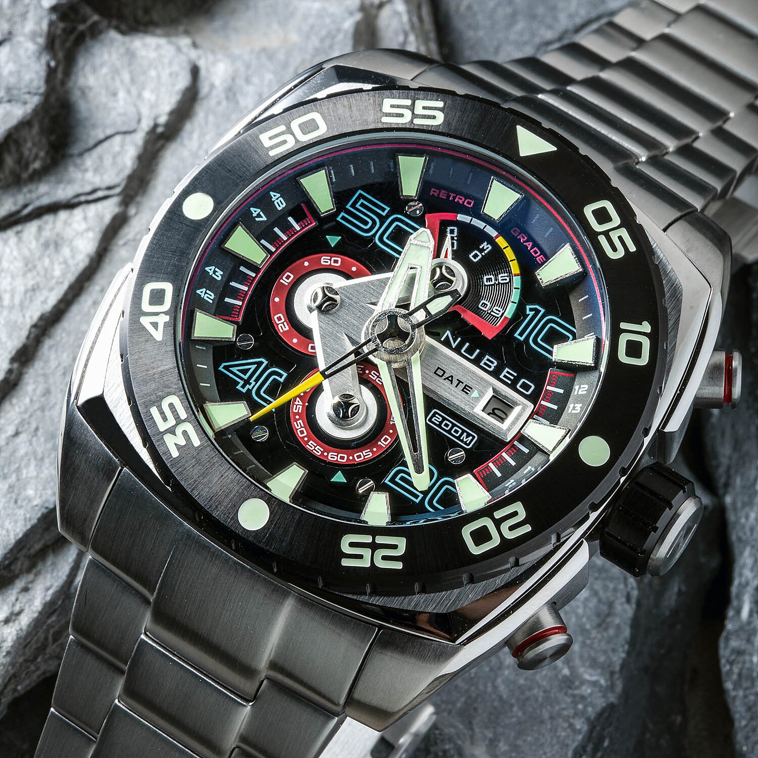 NUBEO Ingenuity Chronograph Limited Edition Japanese Quartz Chronograph Movement Silver Dial 20 ATM Water Resistant Watch With Stainlesss Steel Chain Strap