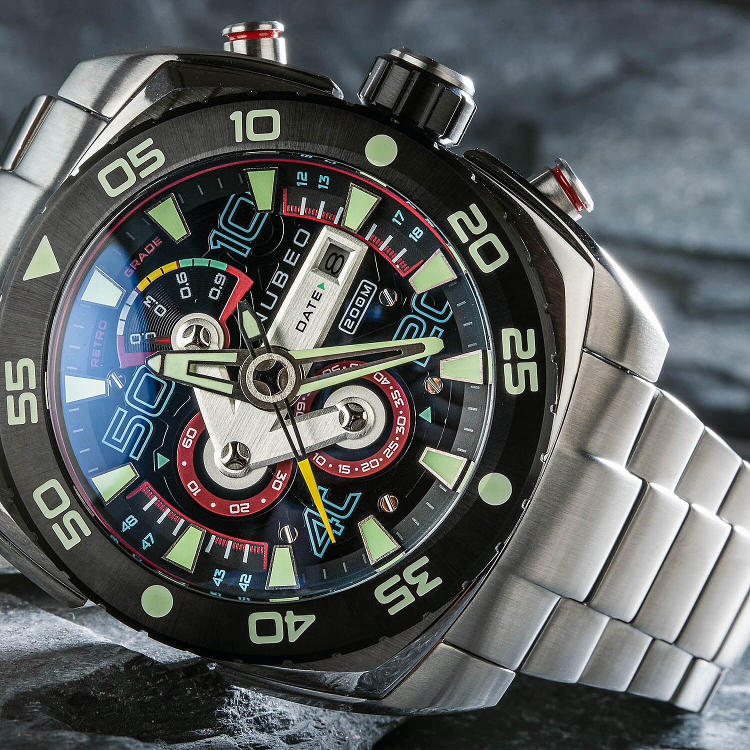 NUBEO Ingenuity Chronograph Limited Edition Japanese Quartz Chronograph Movement Silver Dial 20 ATM Water Resistant Watch With Stainlesss Steel Chain Strap