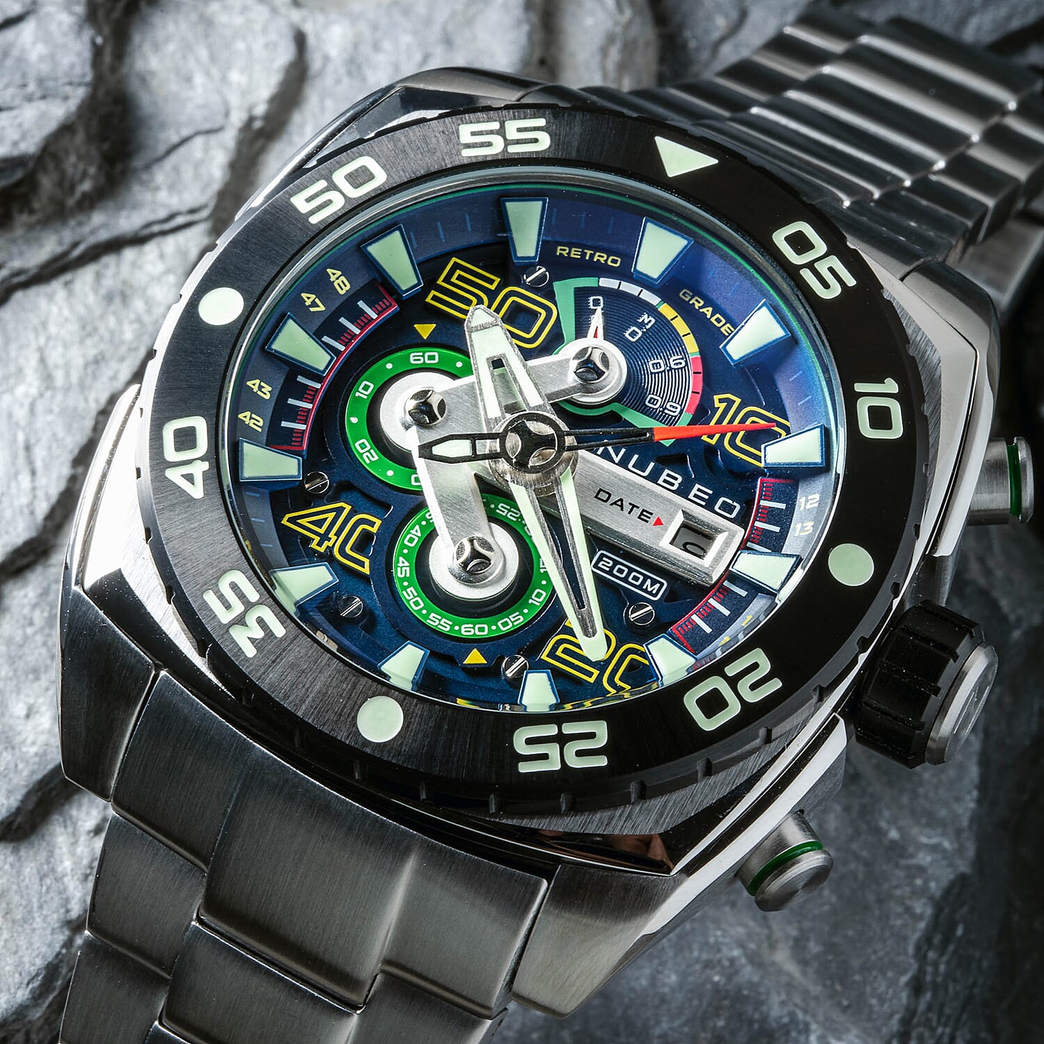 NUBEO Ingenuity Chronograph Limited Edition Japanese Quartz Chronograph Movement Blue Dial 20 ATM Water Resistant Watch With Stainlesss Steel Chain Strap