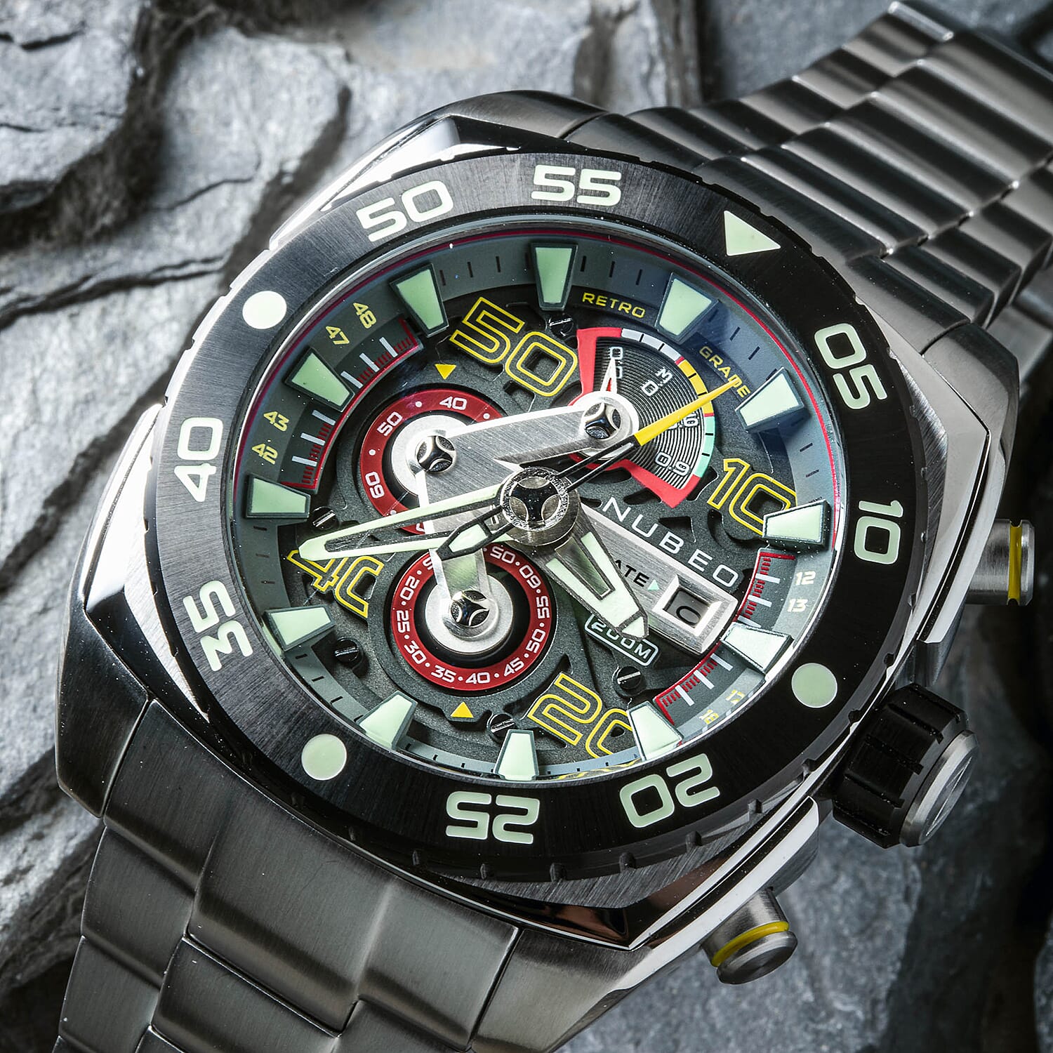 NUBEO Ingenuity Chronograph Limited Edition Japanese Quartz Chronograph Movement Grey Dial 20 ATM Water Resistant Watch With Stainlesss Steel Chain Strap