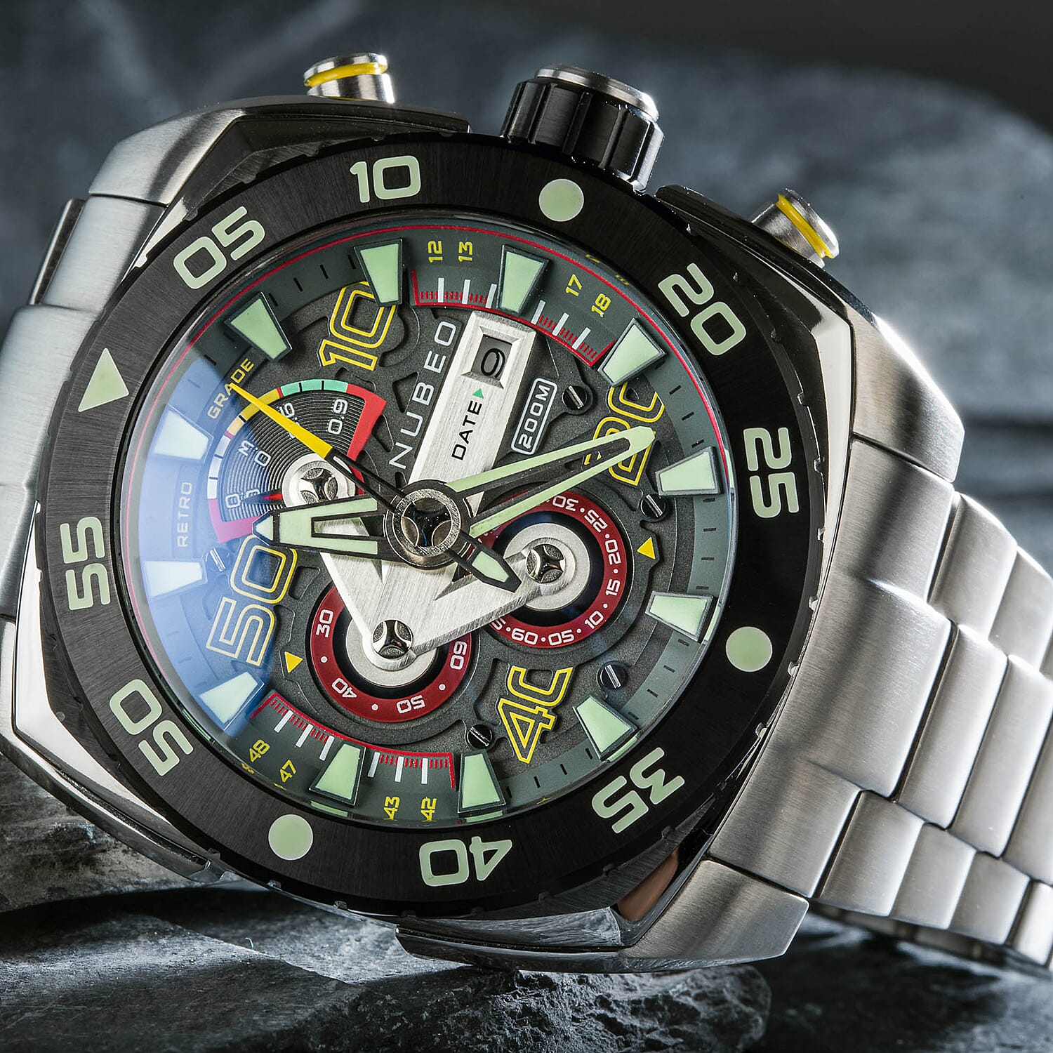 NUBEO Ingenuity Chronograph Limited Edition Japanese Quartz Chronograph Movement Grey Dial 20 ATM Water Resistant Watch With Stainlesss Steel Chain Strap