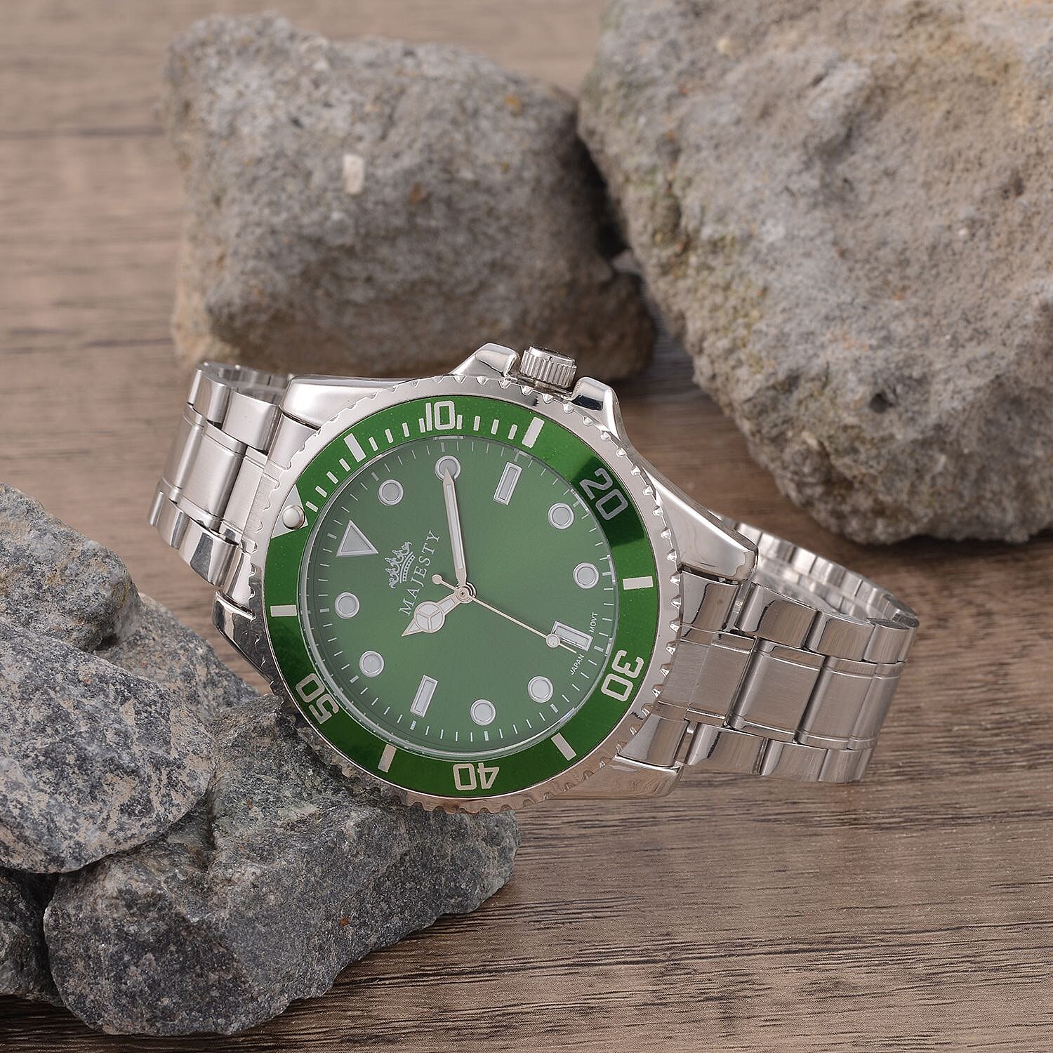 Premier - MAJESTY Japanese Movement Green Sunshine Literal Dial Water Resistant Watch with Stainless Steel Chain Strap