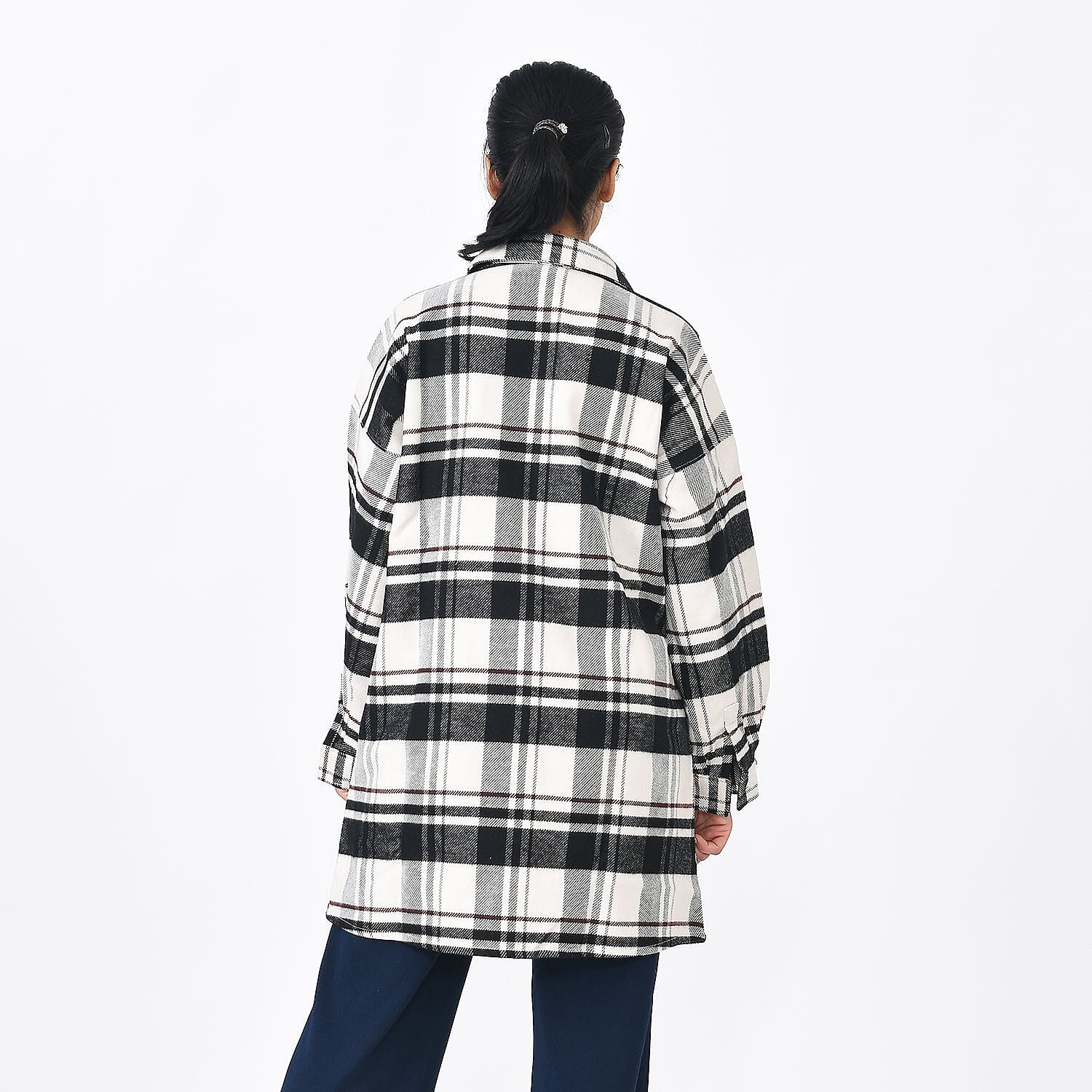 Closeout Deal - 100% Cotton Check Shacket With Two Pockets - Teal & Black