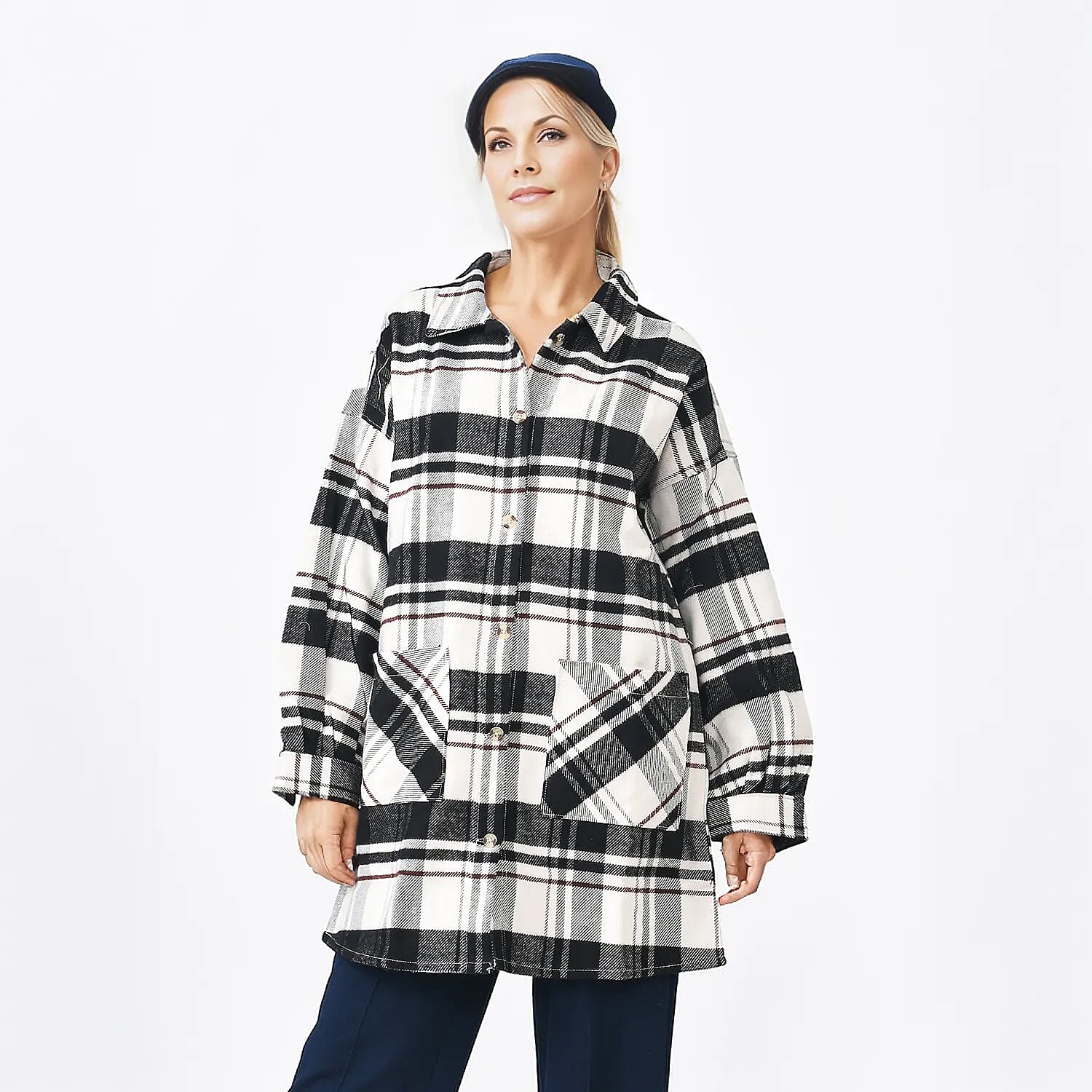 Closeout Deal - 100% Cotton Check Shacket With Two Pockets - Teal & Black