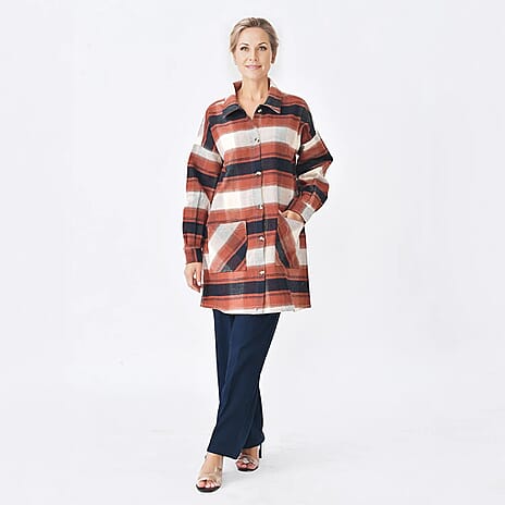 Tamsy 100% Cotton Checker Shacket with Two Pockets (Size M) - Brown - Black