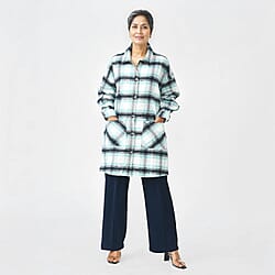 Closeout Deal - 100% Cotton Check Shacket With Two Pockets - Teal & Black