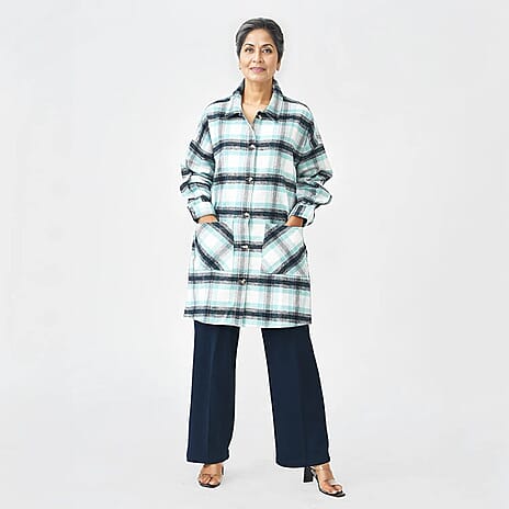 Closeout Deal - 100% Cotton Check Shacket With Two Pockets (Size S) - Teal & Black