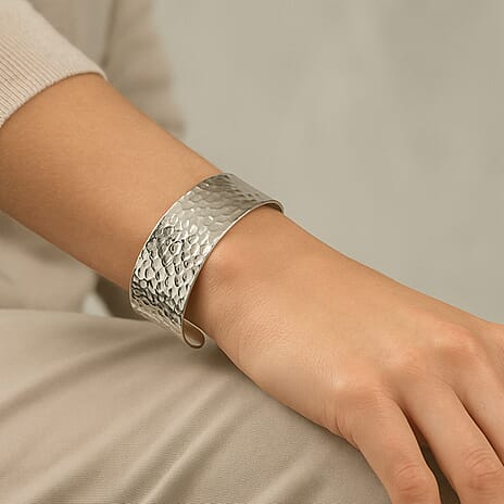 Royal Bali Collection - Handmade Hammered Cuff Bangle (Size - 7) in Sterling Silver, Silver Wt. 23.45 Gms.