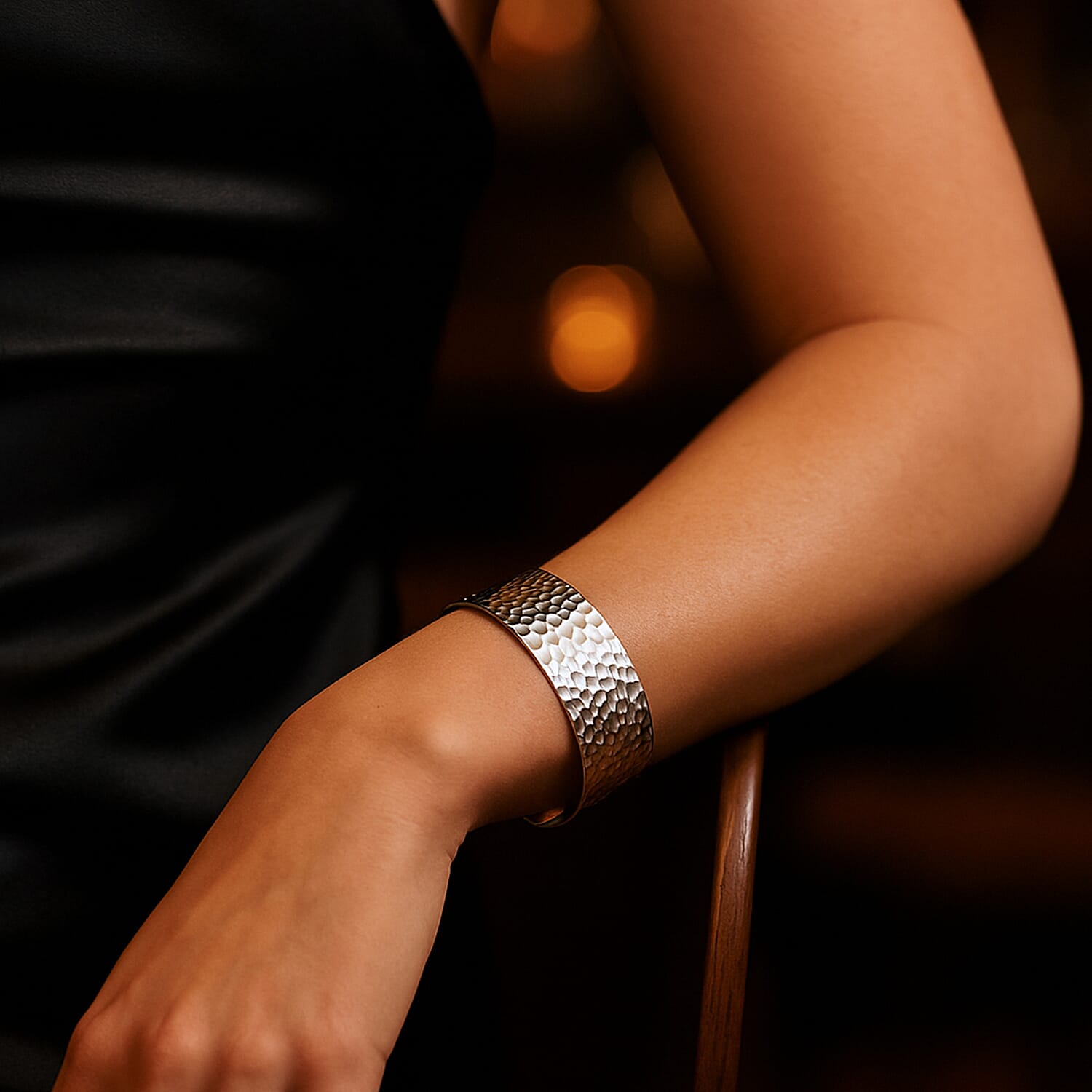 Royal Bali Collection - Handmade Hammered Cuff Bangle (Size - 7) in Sterling Silver, Silver Wt. 23.45 Gms.