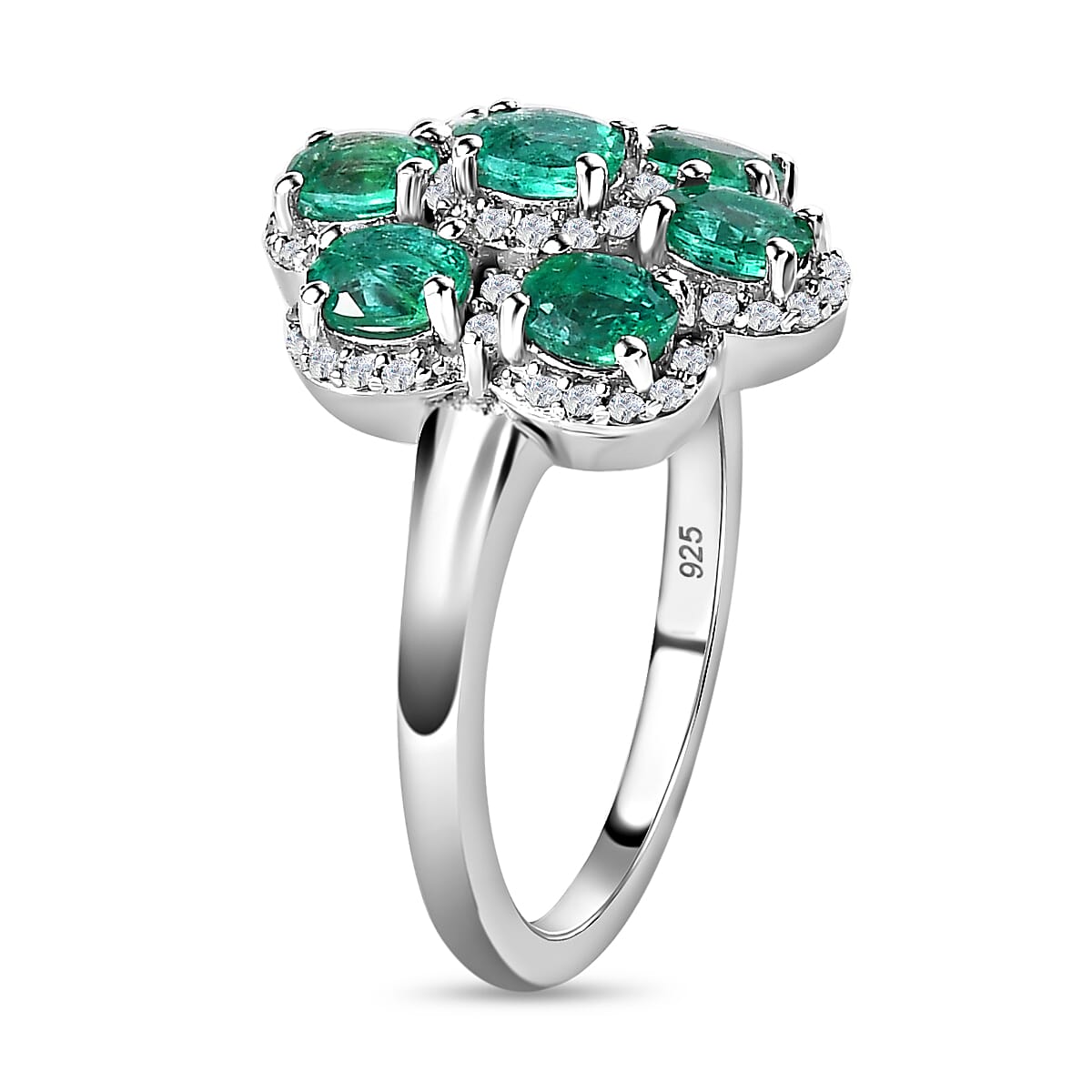 Collectors Edition- AAA Gemfields Emerald Natural White Zircon Cocktail Ring in Platinum Overlay Sterling Silver 1.45 Ct